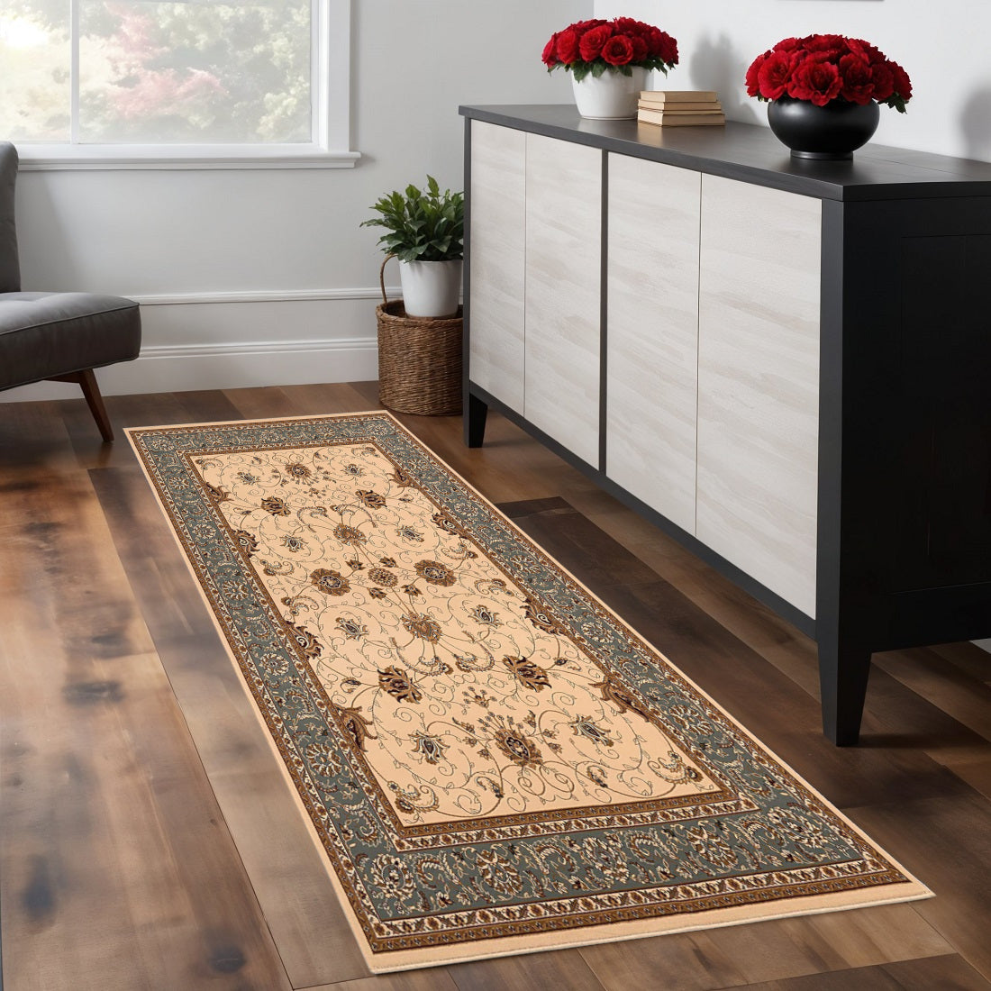 7 Dark Gray Tan And Brown Oriental Runner Rug