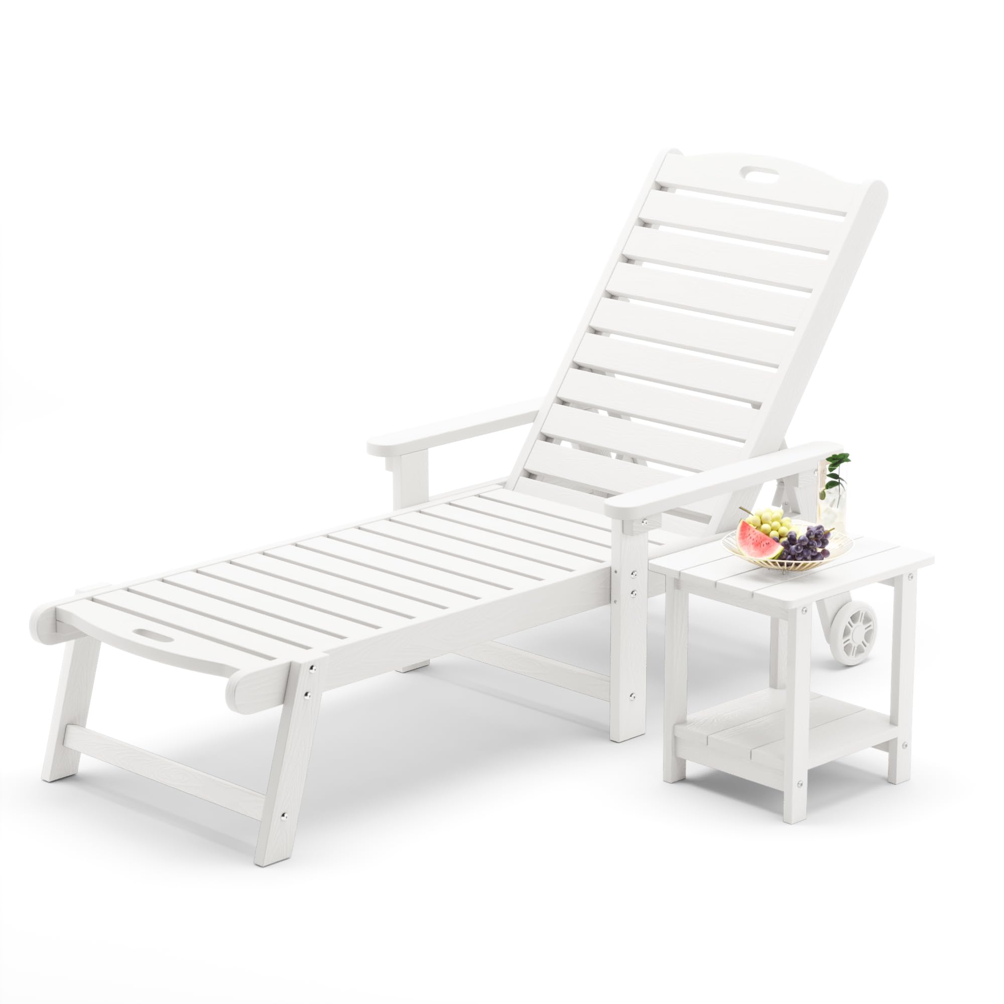 Lue Bona Chaise Lounge Chair With Table, 2-Piece, 79'' Oversized Hdps Chaise Lounger, 5 Positions Adjustable Lounge Chairs, Pool Lounge Chair With Wheels For Poolside, Backyard, 3 Year Warranty, White