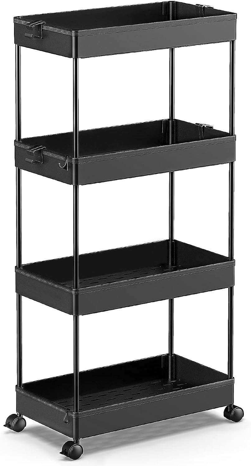 Spacekeeper Storage Cart 4-Tier, Bathroom Rolling Cart Utility Storage Organizer Shelf Mobile Shelving Unit For Kitchen Living Room Bathroom Laundry Room & Dressers, Black