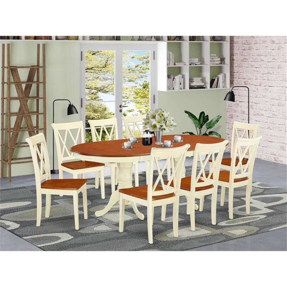 East West Furniture Oval Dining Table Set With 18 Leaf And Double X Back Chairs 9Pc Asian Hardwood/Buttermilk And Cherry