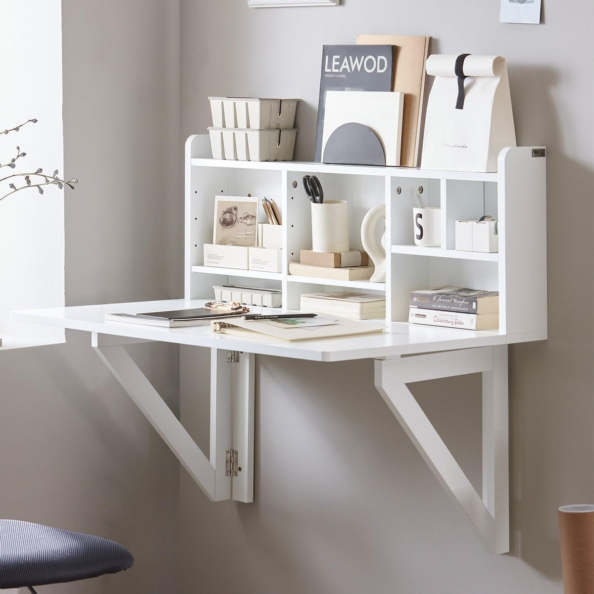 Haotian Wall Mounted Folding Table Dropleaf Floating Trestle Desk Computer Writing Workstation With Storage Compartments, White