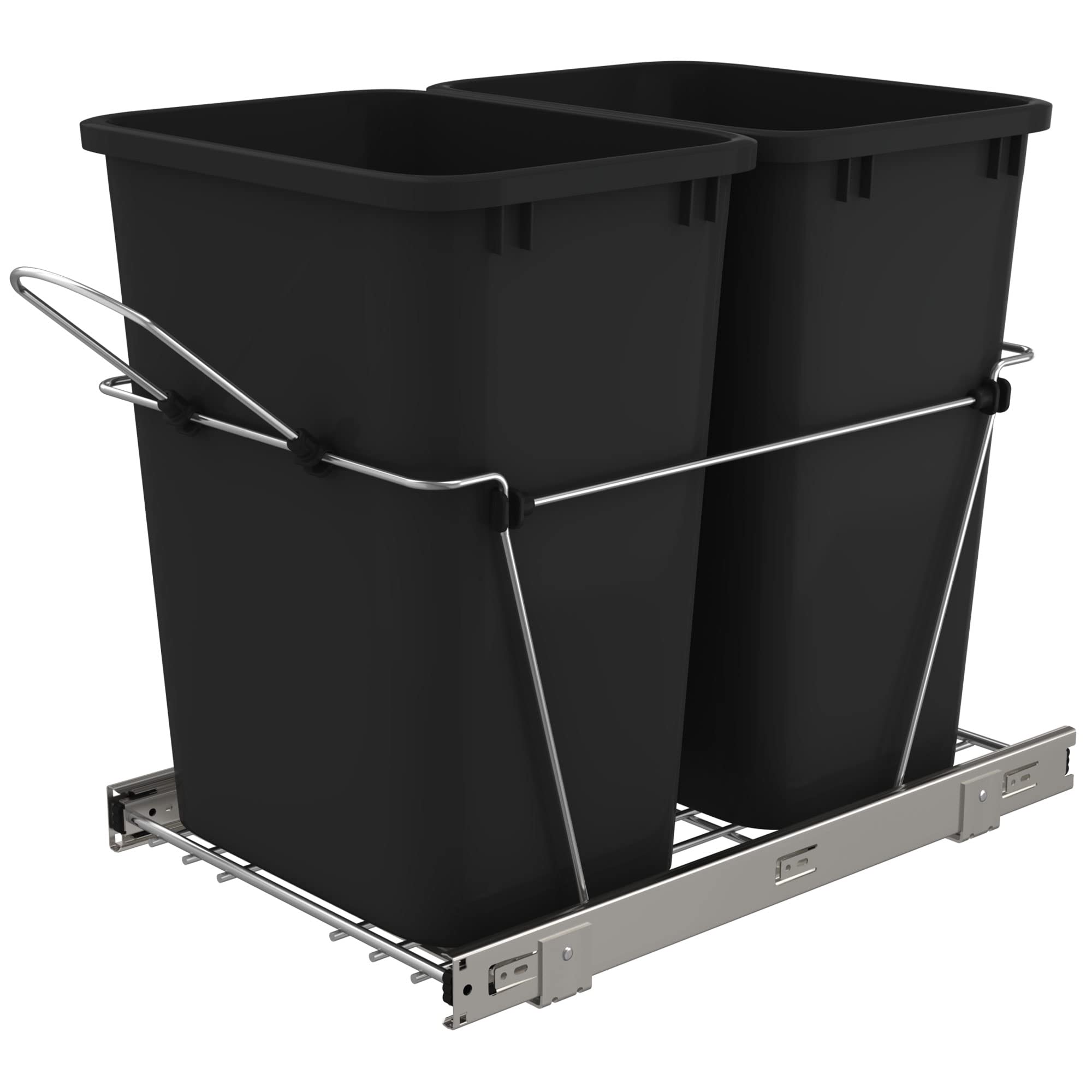Rev-A-Shelf Double Pull Out Trash Can for Under Kitchen Cabinets 35 Qt 12 Gal Garbage Recyling Bin on Full Extension Slides, Bla
