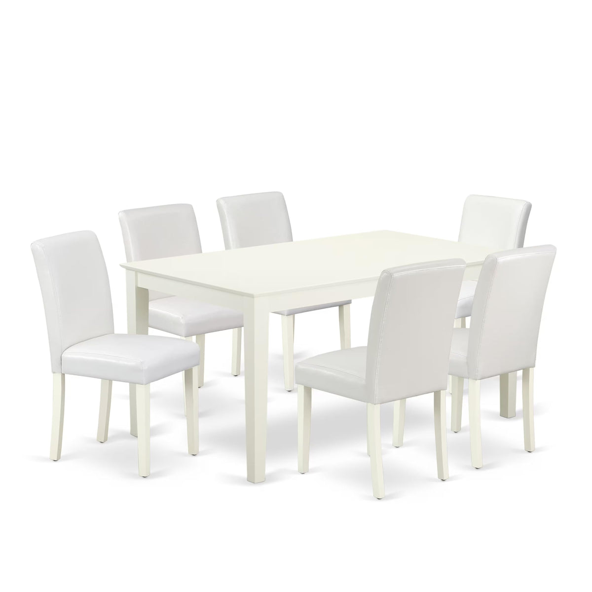 East West Furniture Caab7-Lwh-64 Capri 7 Piece Kitchen Table & Chairs Set Consist Of A Rectangle Room Table And 6 Faux Leather Parsons Dining Chairs, 36X60 Inch, Linen White