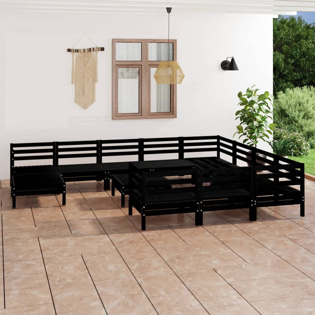 vidaXL Solid Pinewood Patio Lounge Set 12 Piece Garden Outdoor Terrance Backyard Furniture Set Wooden Lounge Sofa Seating Chair Seat Black