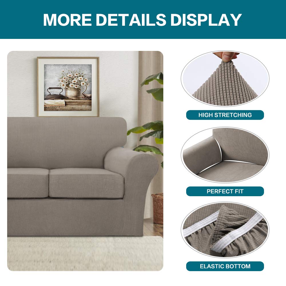 3 Piece Sofa Covers For 2 Cushion Couch Sofa Slipcover Soft Couch Cover For Dogs-Washable Sofa Furniture Covers With 2 Individual Cushion Covers, Feature Thick Jacquard Fabric (Loveseat, Taupe)