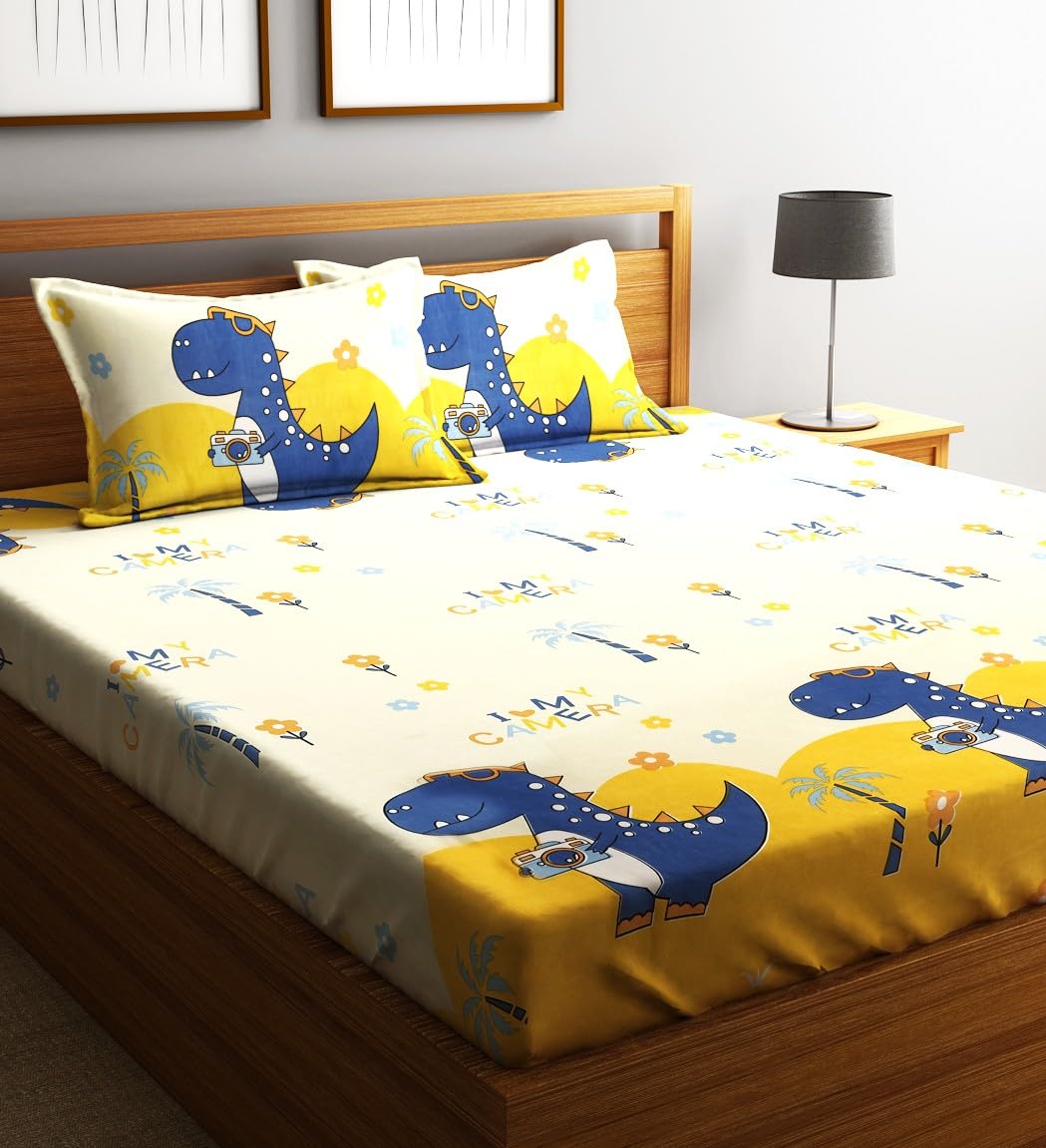 Home Sizzler 210Tc Microfibre Playful Dinosaur Double Bedsheet With 2 King Size Pillow Covers