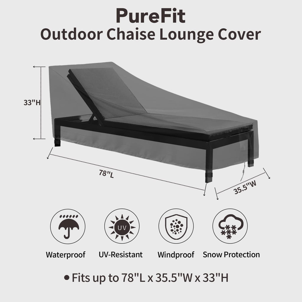 Purefit Outdoor Chaise Lounge Cover, Lounge Chair Covers Waterproof Patio Furniture Lounge Chair Cover, Uv Resistant & Weatherproof, 1 Pack, 78'L X 35.5'W X 33'H Inches, Black