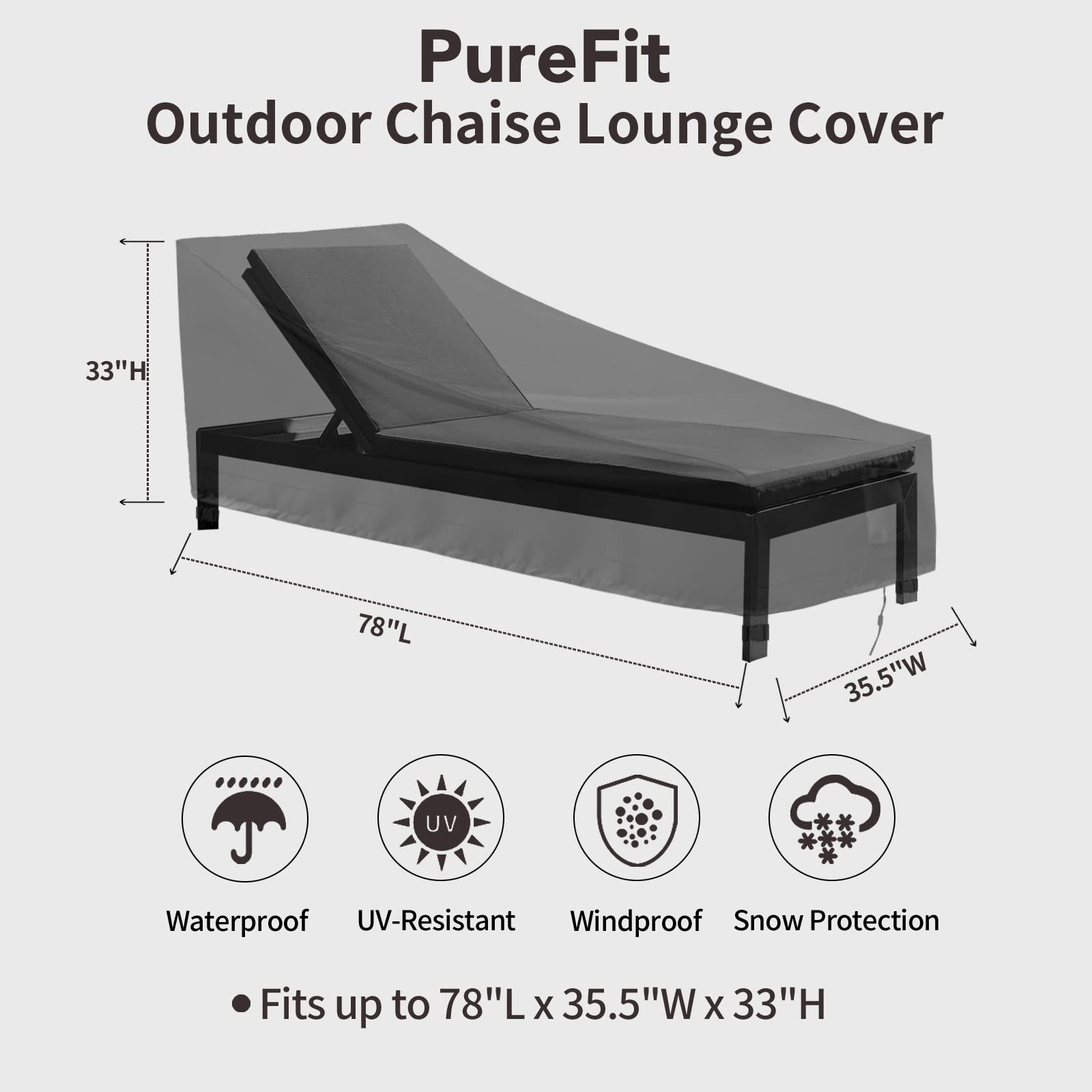 Purefit Outdoor Chaise Lounge Cover, Lounge Chair Covers Waterproof Patio Furniture Lounge Chair Cover, Uv Resistant & Weatherproof, 1 Pack, 78'L X 35.5'W X 33'H Inches, Black