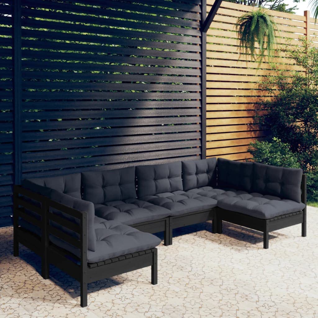 vidaXL Solid Pinewood Patio Lounge Set 6 Piece with Cushions Garden Outdoor Lawn Yard Terrace Balcony Wooden Seat Seating Furniture Black