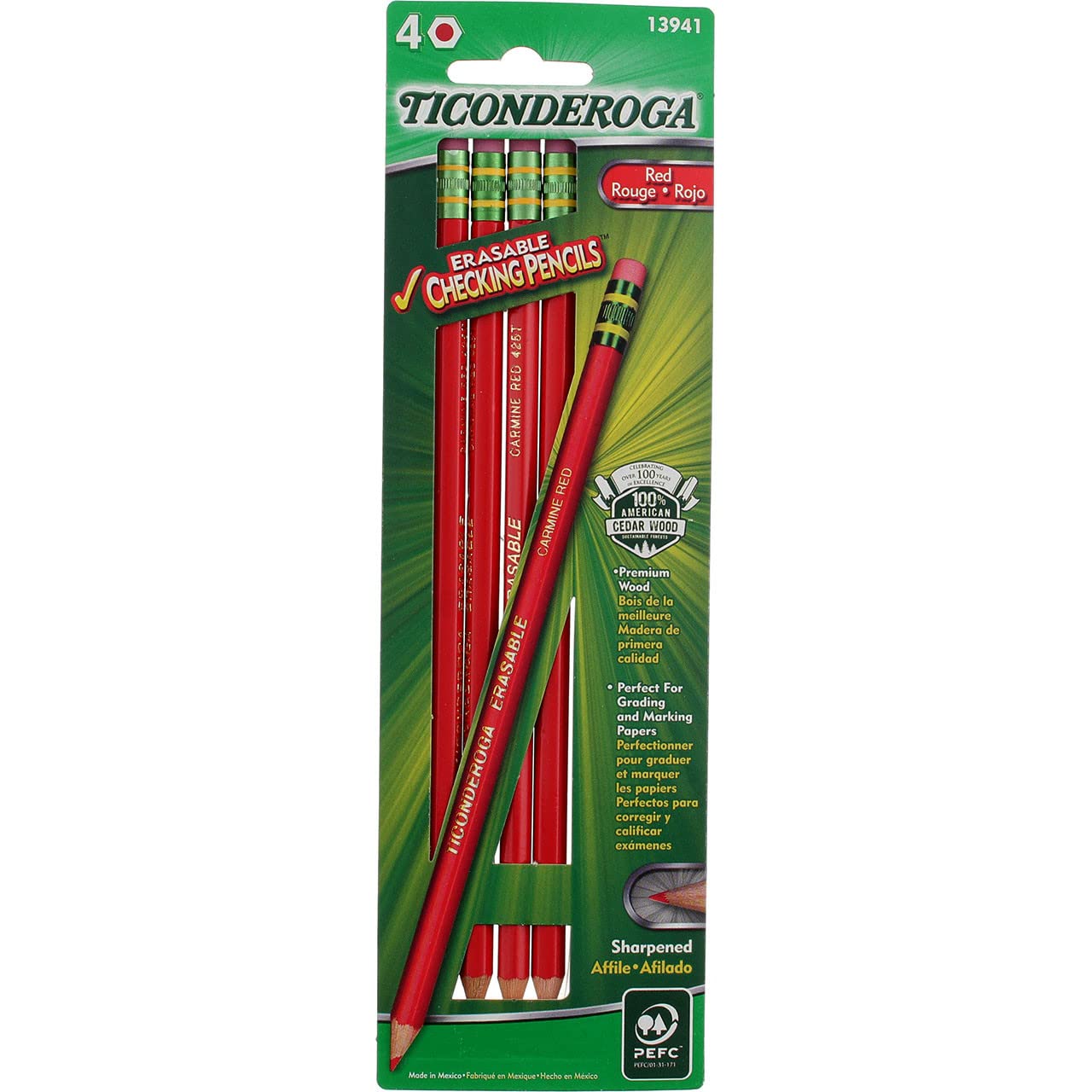 Ticonderoga Erasable Checking Pencils, Eraser Tipped, Pre-Sharpened, Red, 4 Pack (2 Pencils Per Pack) (13901)