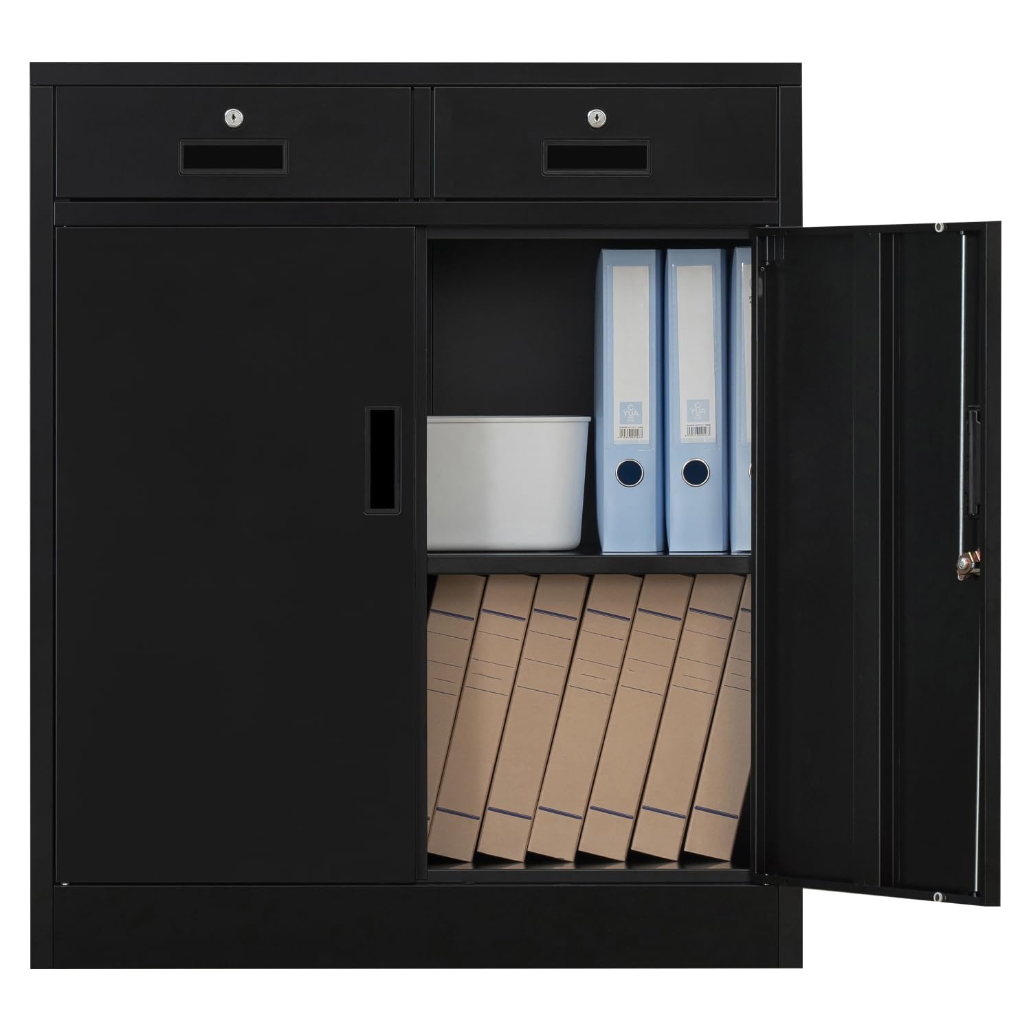 BESFUR Metal Storage Cabinet, Locking Storage Cabinet with Two Drawers and Adjustable Shelves for Office, Classroom, Garage - Bl