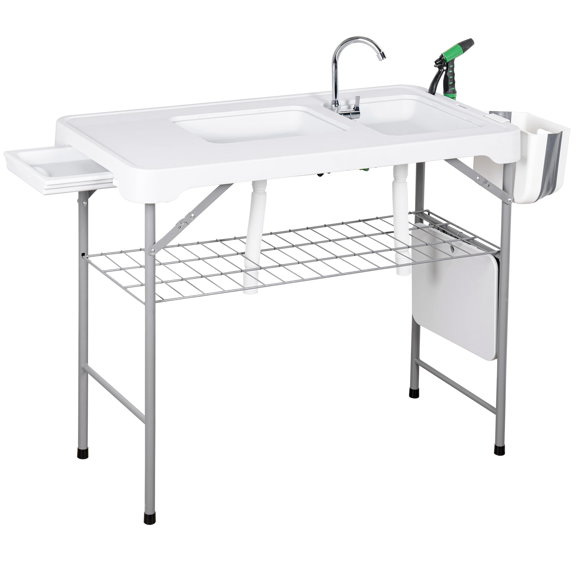 Allpop Fish Cleaning Table with 2 Sinks & Grid Rack, 42.5 Portable Folding Camping Fish Station with Foldable Faucet, Drainage