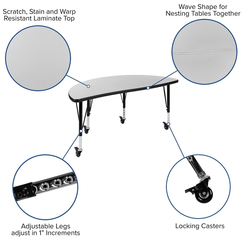 Flash Furniture Mobile 76" Oval Wave Collaborative Laminate Activity Table Set With 14" Student Stack Chairs, Grey/Black
