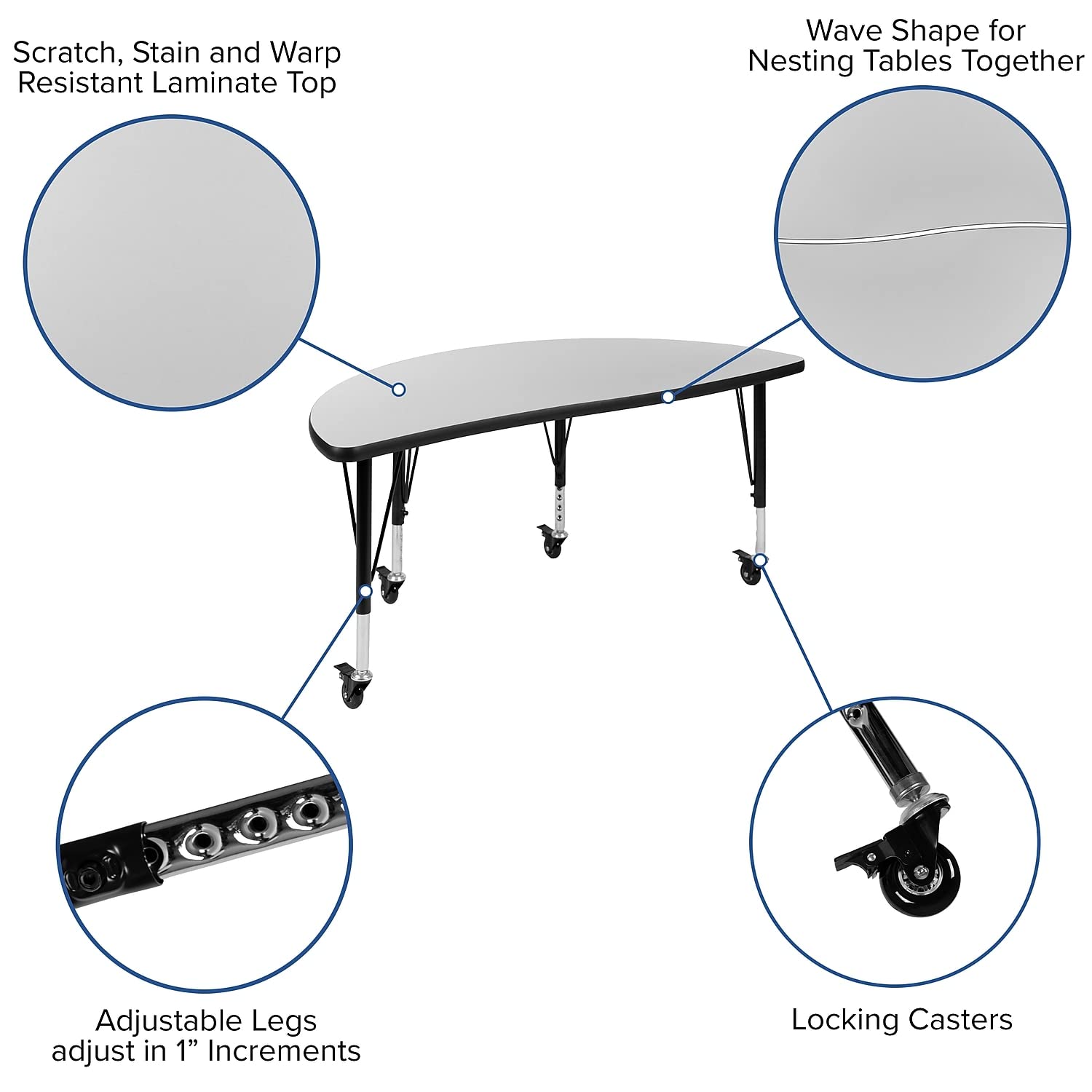 Flash Furniture Mobile 76" Oval Wave Collaborative Laminate Activity Table Set With 14" Student Stack Chairs, Grey/Black