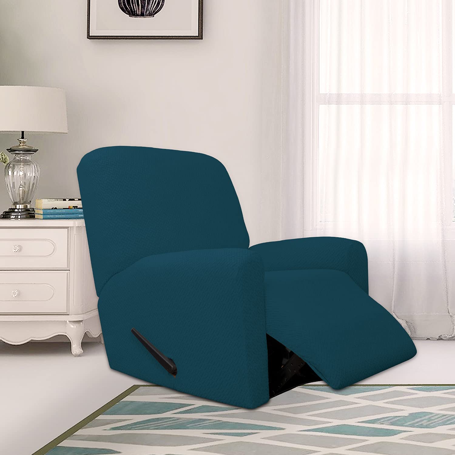 Easy-Going Stretch Jacquard Recliner Couch Cover, 4-Piece Soft Sofa Cover, Sofa Slipcover With Elastic Loop, Washable Furniture Protector For Kids, Pets, Dogs, Cats (Recliner,Deep Teal)