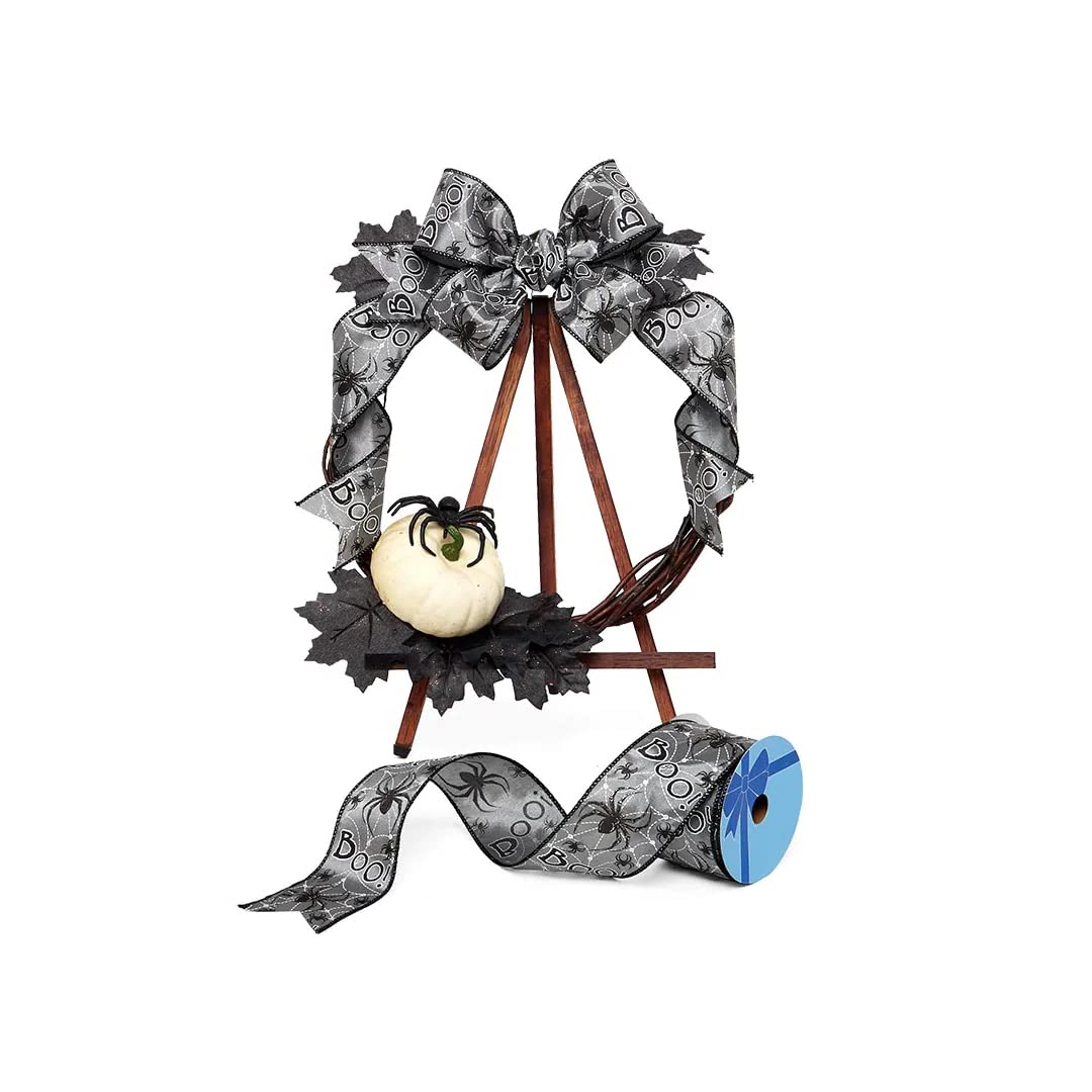 Boo! Spiders Halloween Wired Ribbon - 2 1/2' X 10 Yards, Gray & Black, White Webs, Bows, Wreath, Party Decor, Gift Basket, Clas