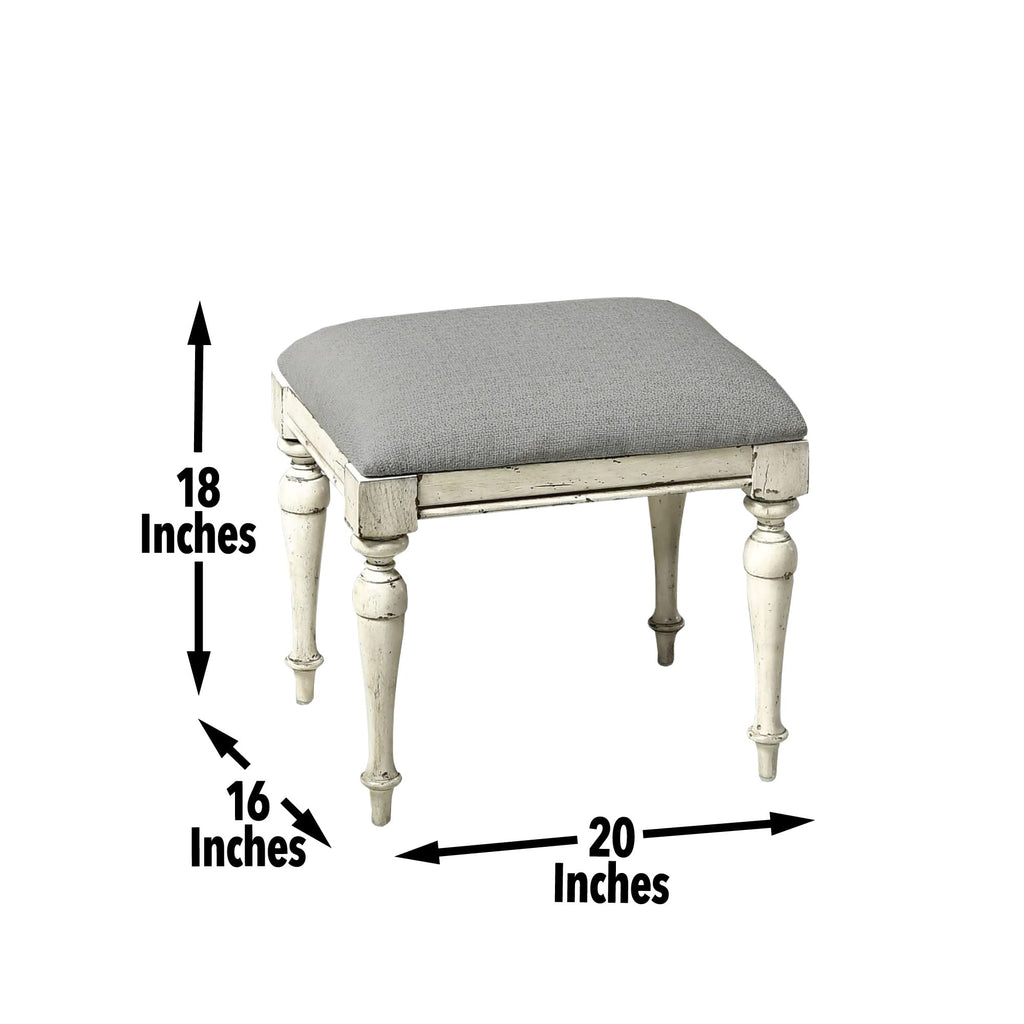 Steve Silver Furniture Highland Park Vanity Bench, w/ Upholstered Cushion for Bedroom, Hardwood Solids, Tapered Turned Leg, Farmhouse Style, Padded Dove Fabric, 20"W x 16"D x 18.25"H, Cathedral White