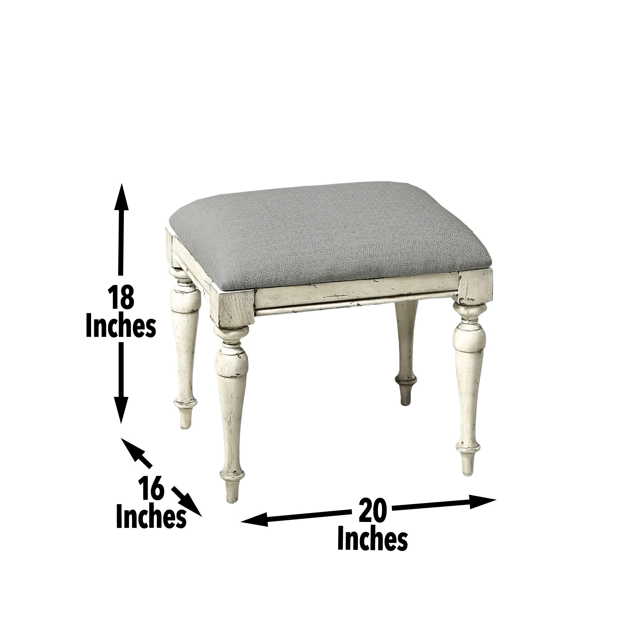 Steve Silver Furniture Highland Park Vanity Bench, w/ Upholstered Cushion for Bedroom, Hardwood Solids, Tapered Turned Leg, Farmhouse Style, Padded Dove Fabric, 20"W x 16"D x 18.25"H, Cathedral White