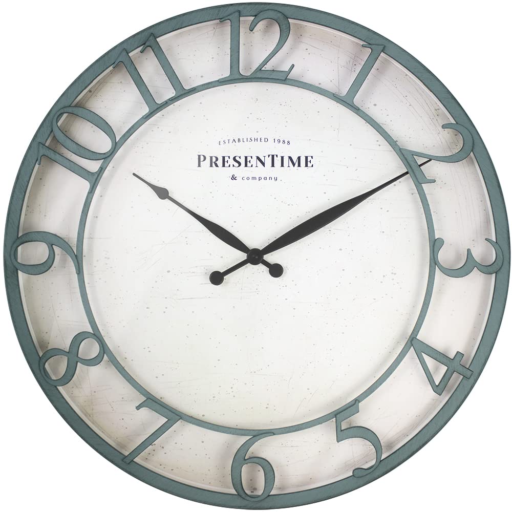 Presentime & Co 21 Farmhouse Series Wall Clock,Vintage Style, Retro Clock, Raised 3D Arabic Numeral, Aged Teal Finish. Wall D  c