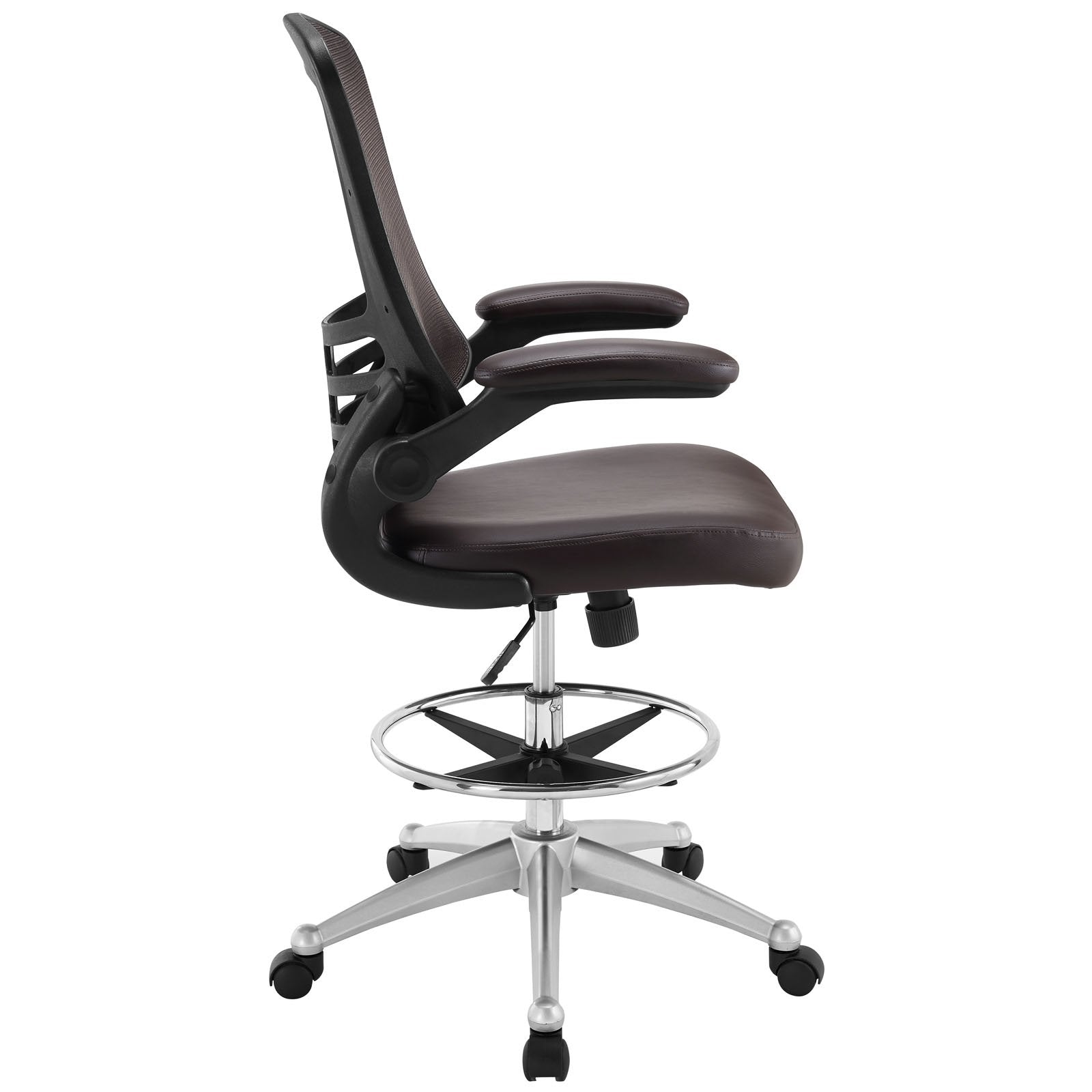Modway Attainment Vinyl Drafting Chair - Drafting Stool With Flip-Up Arm in Brown