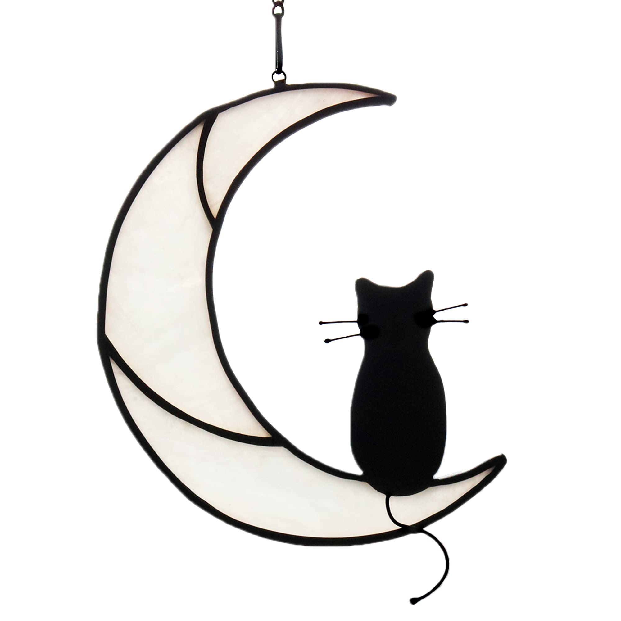 HAOSUM Black Cat On White Moon Stained Glass Window Hangings Ornament,Cat Memorial Gifts,Cat Gifts for Mom,Cat Themed Gifts for 