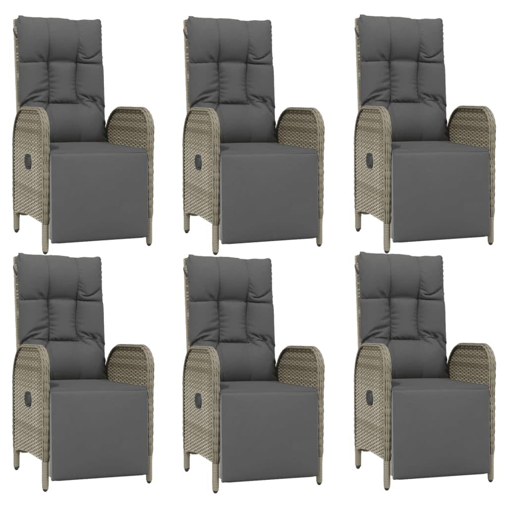vidaXL 7-Piece Patio Dining Set with Reclining Chairs - Weather-Resistant PE Rattan Construction - Elegant and Modern Outdoor Furniture Set with Tempered Glass Tabletop - Gray