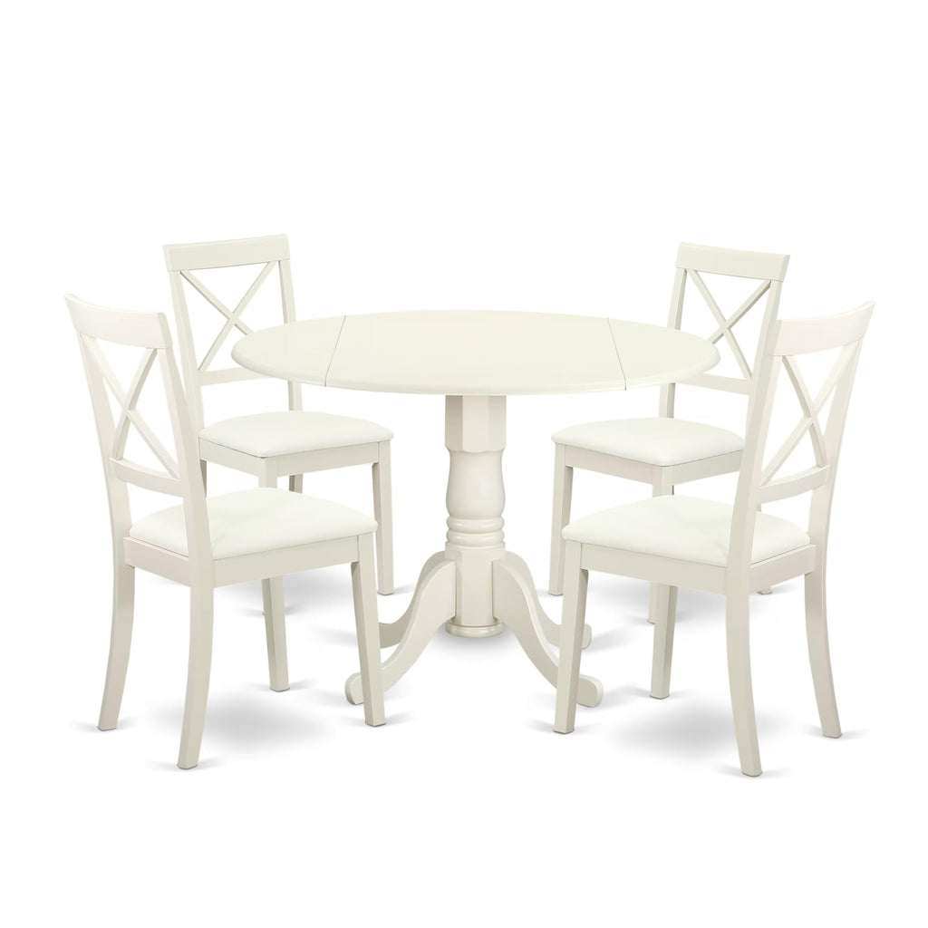 East West Furniture Dlbo5-Lwh-Lc 5 Piece Dining Room Furniture Set Includes A Round Kitchen Table With Dropleaf And 4 Faux Leather Upholstered Dining Chairs, 42X42 Inch, Linen White