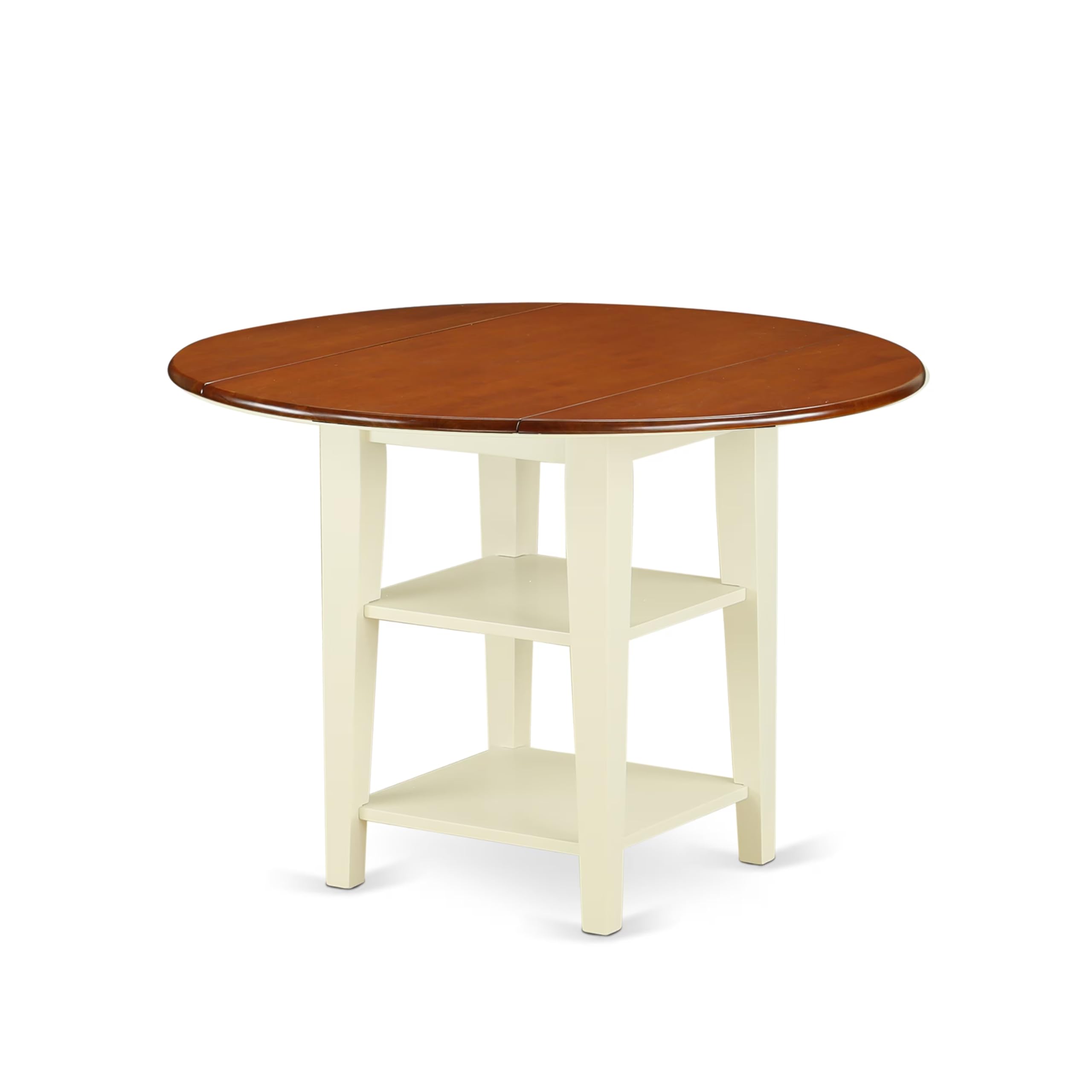 East West Furniture SUPL3-BMK-C 3 Piece Dining Table Set Contains a Round Dining Room Table with Dropleaf & Shelves and 2 Linen Fabric Upholstered Chairs, 42x42 Inch, Buttermilk & Cherry