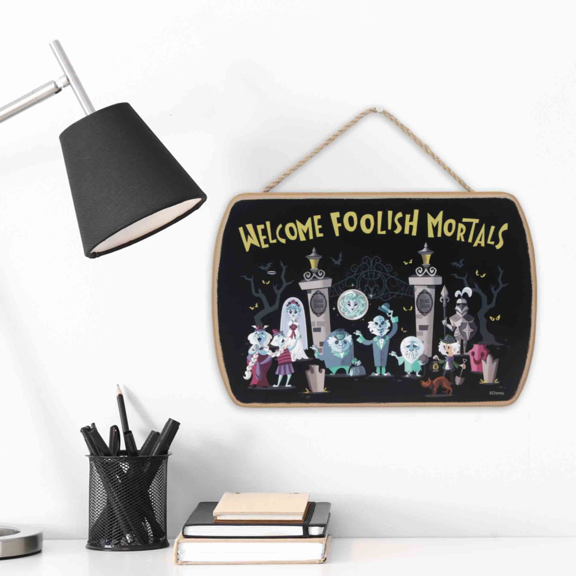 Open Road Brands Disney Haunted Mansion Welcome Foolish Mortals Hanging Wood Wall Decor - Fun Halloween Sign For Home Decorating