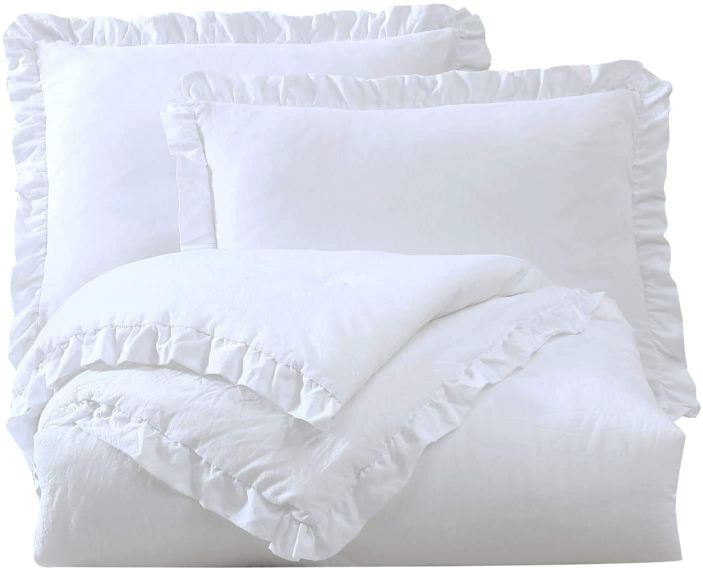 Chezmoi Collection Nora 3-Piece Ruffled Edge Trim Soft Washed Microfiber Comforter Set (King, White)
