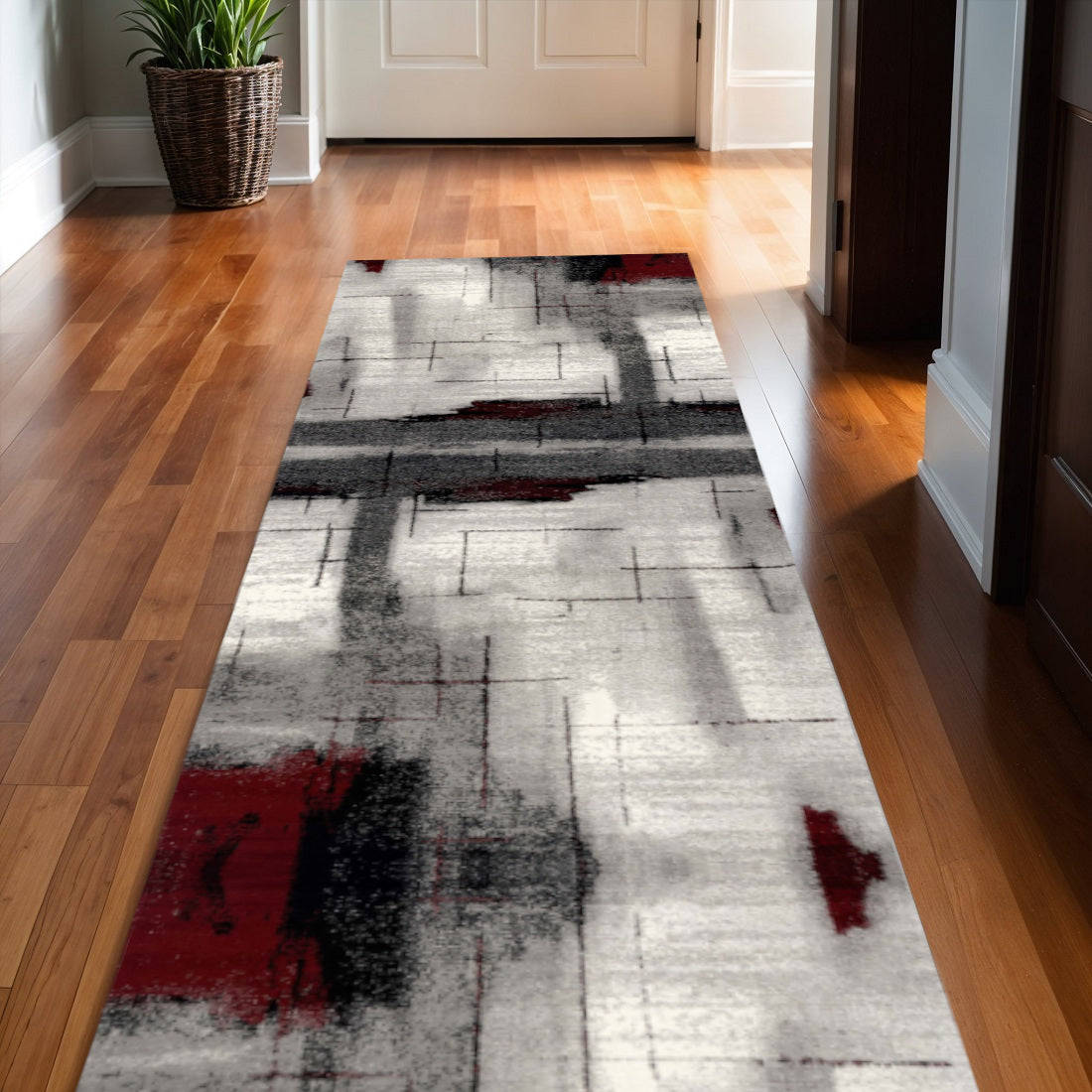 2 x 25 Gray And Red Abstract Runner Rug
