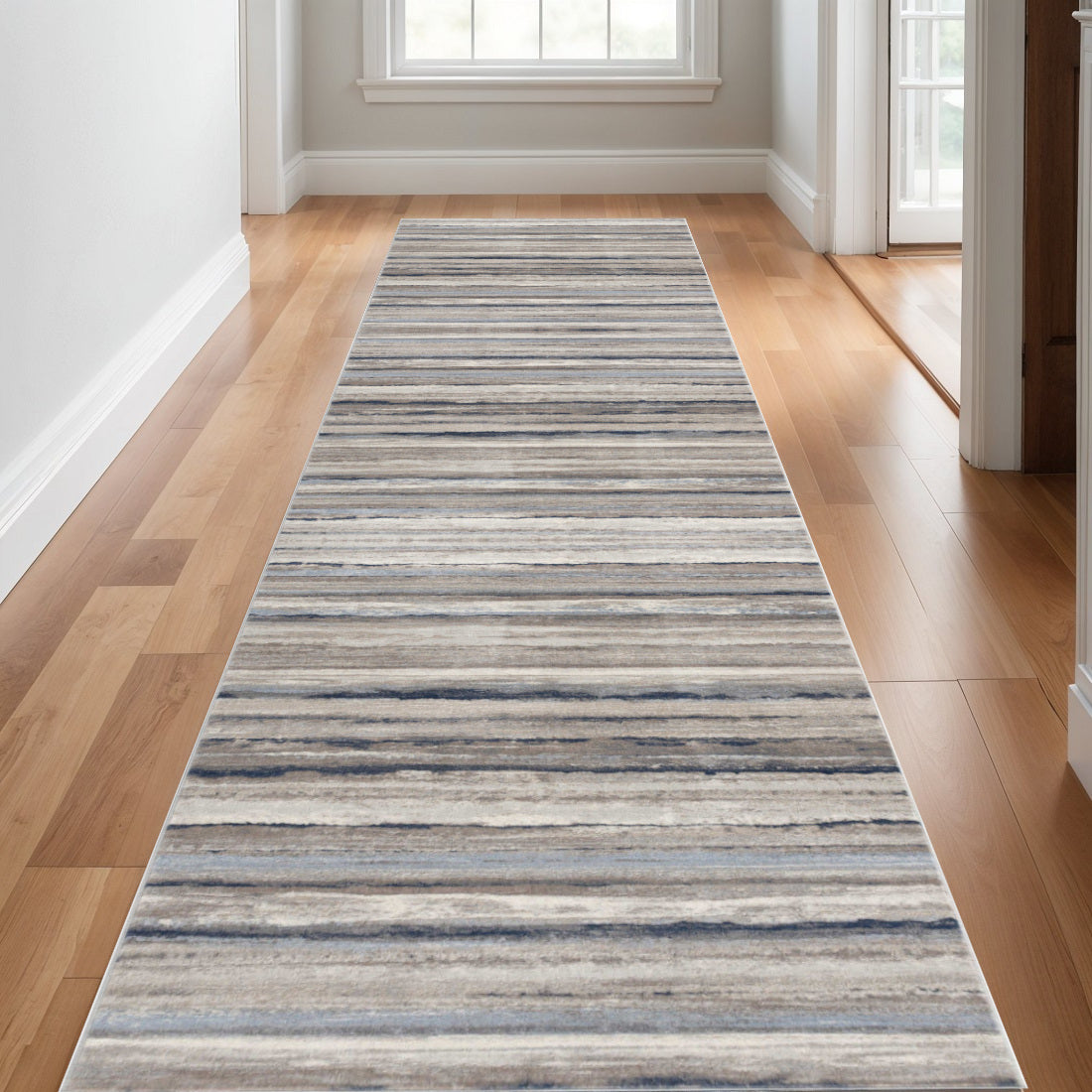 16 Blue Brown And Beige Striped Runner Rug