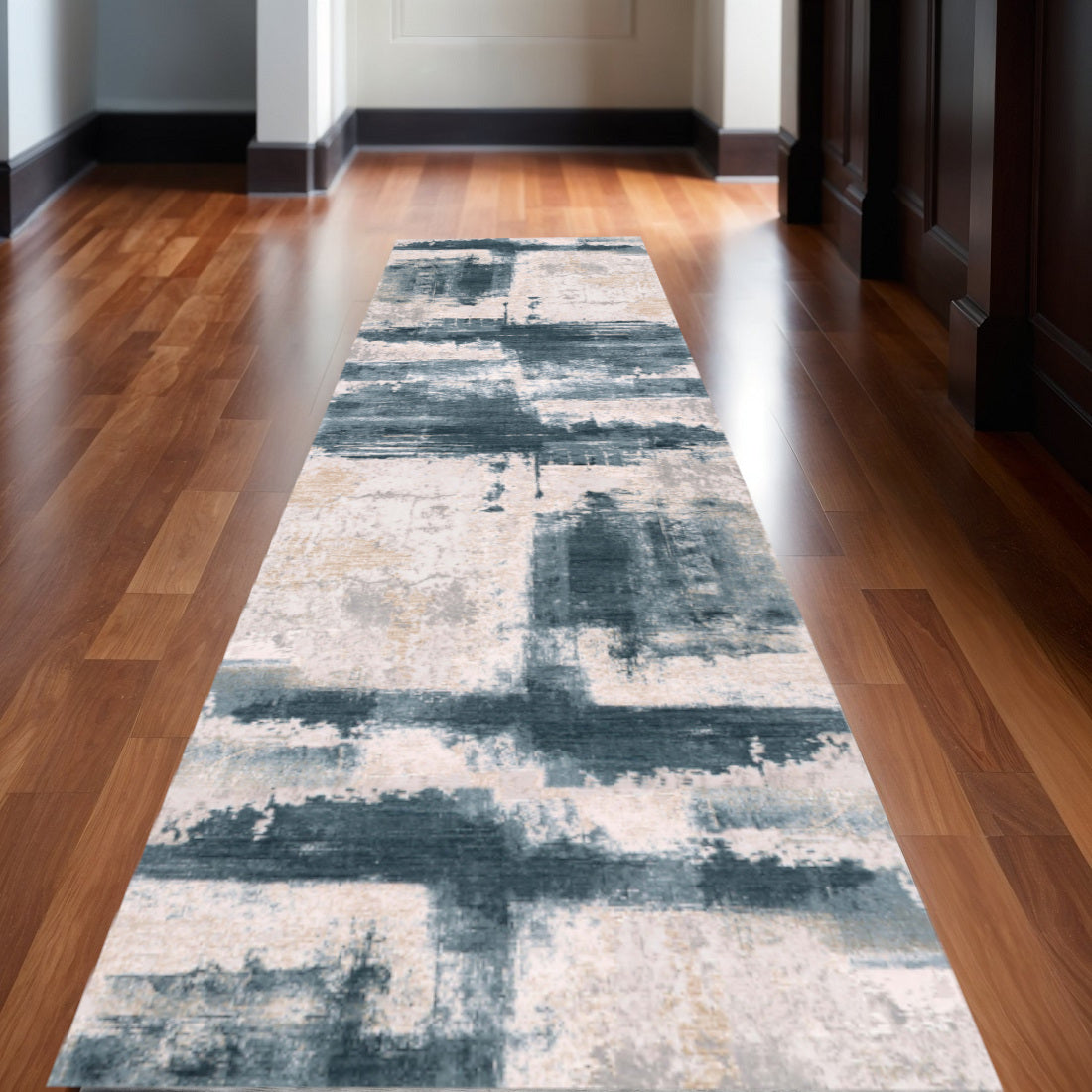 14 Blue And Beige Abstract Runner Rug