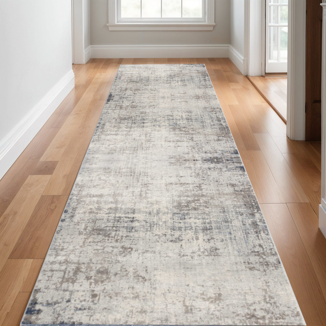 2 X 30 Navy Blue Beige And Gray Abstract Area Rug