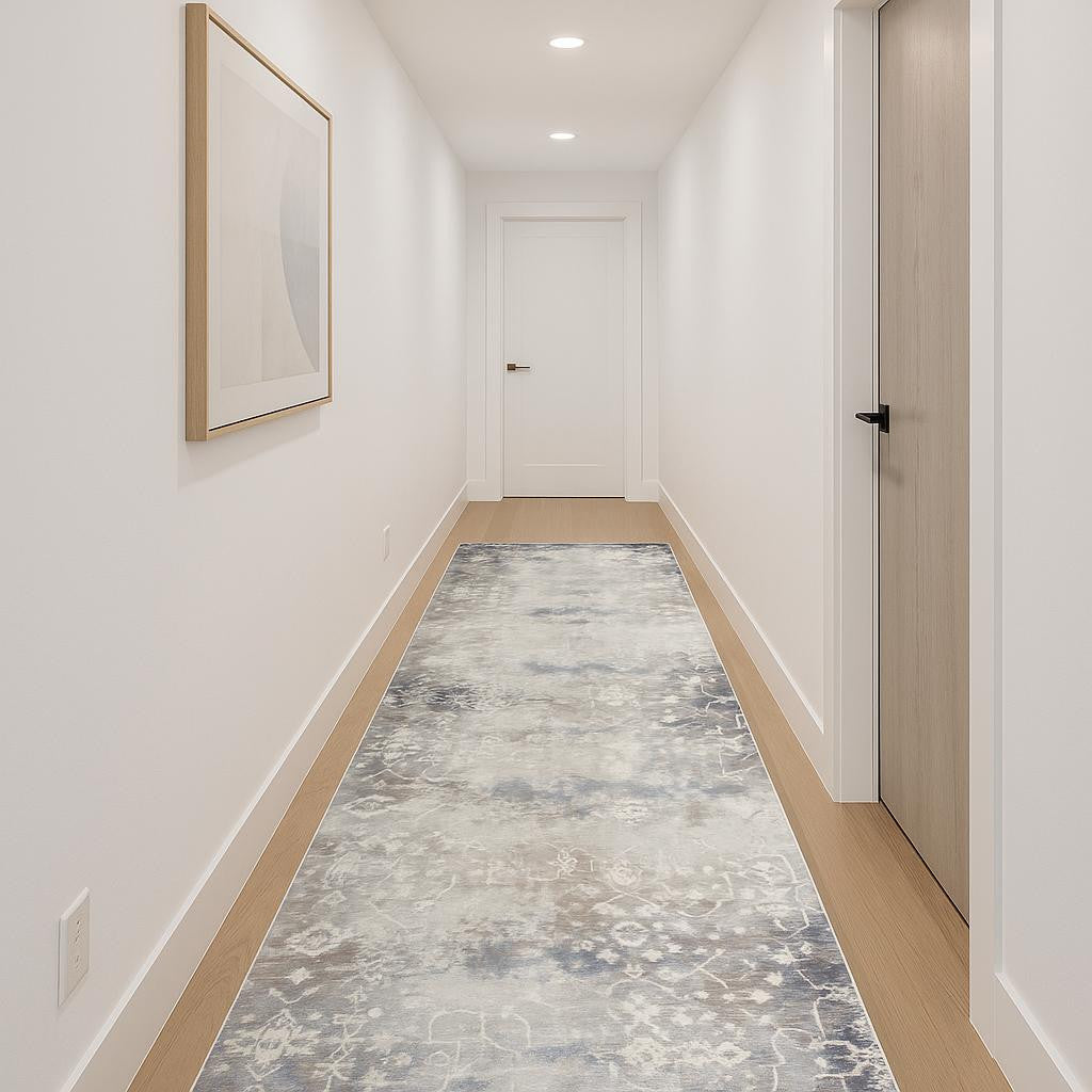 17 Runner Navy Blue And Beige Abstract Runner Rug
