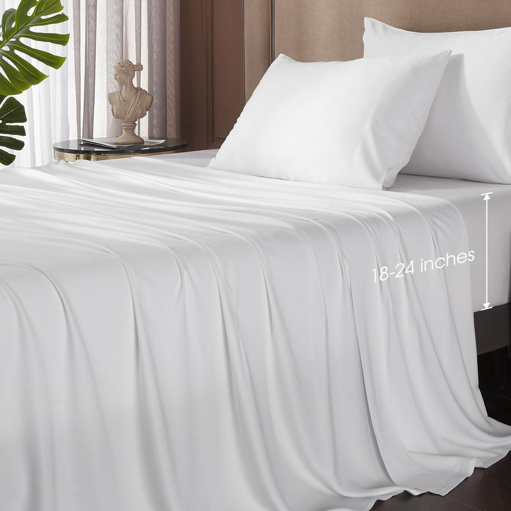 Hyprest King Size Sheet Set,Rayon Derived From Bamboo, Deep Pocket Sheets Fits 18'-24' Thick Mattress,White Sheets Luxury Cool