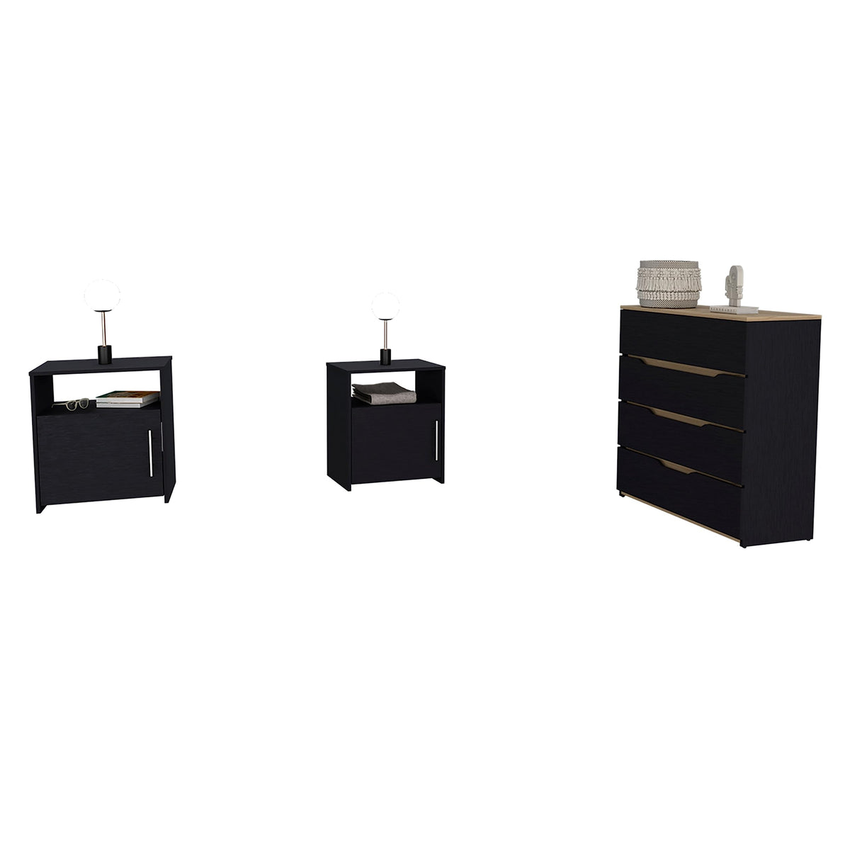 DEPOT E-SHOP Myra 3 Piece Bedroom Set, Drawer Dresser, 2 Nightstands, Black/Light Oak