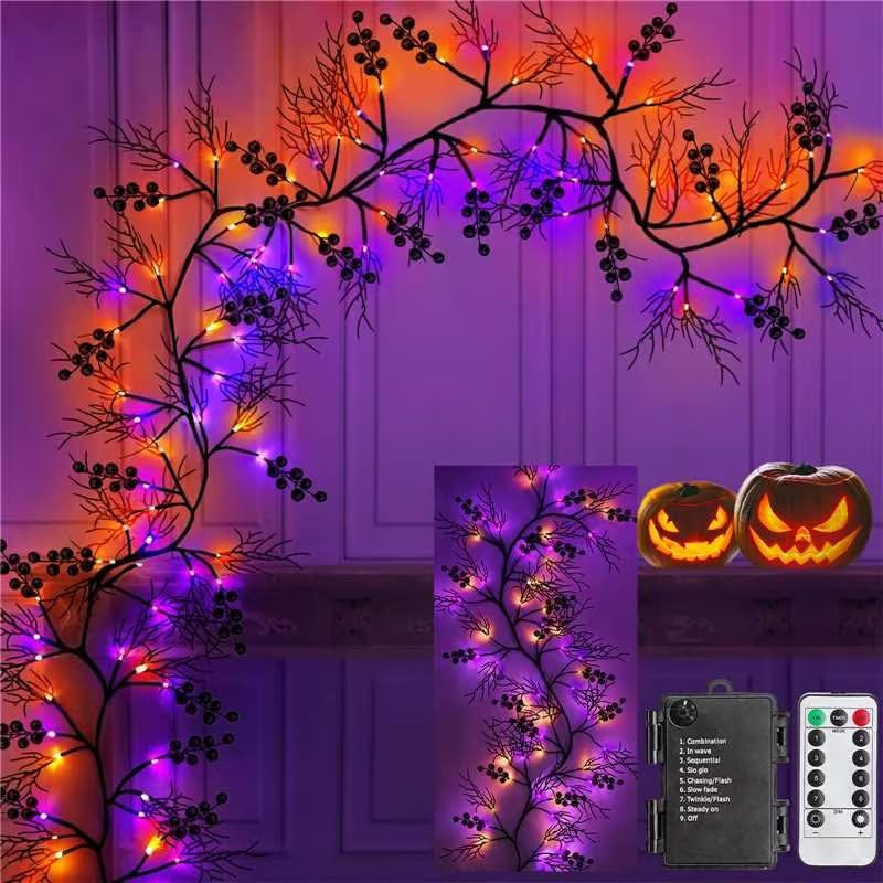 Halloween Garland Purple & Orange Lights Halloween Decorations,6 Ft 54 LED Halloween Willow Vine Twig Timer 8 Modes Remote Contr