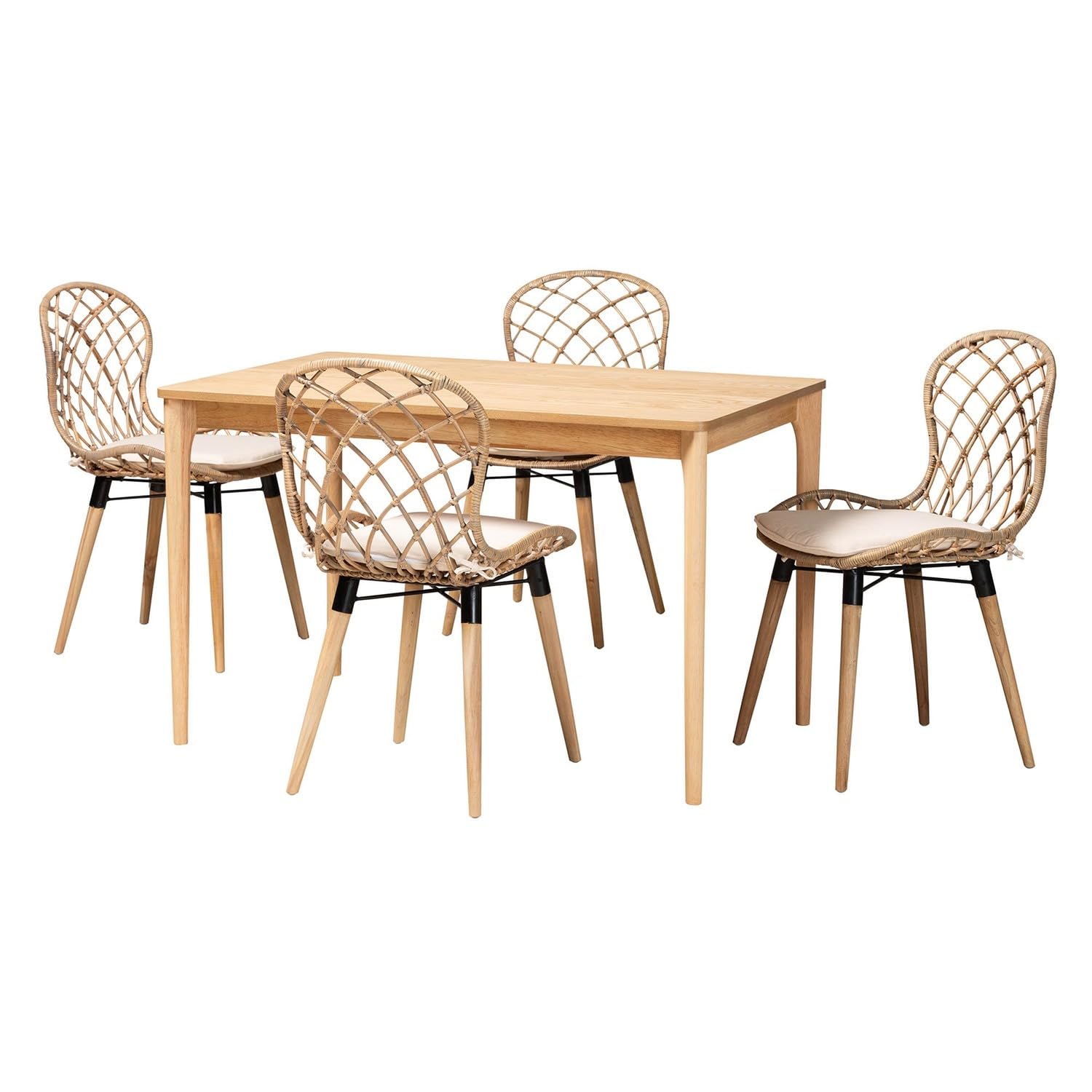 Baxton Studio Sabelle Greywashed Rattan and Brown Wood 5-Piece Dining Set