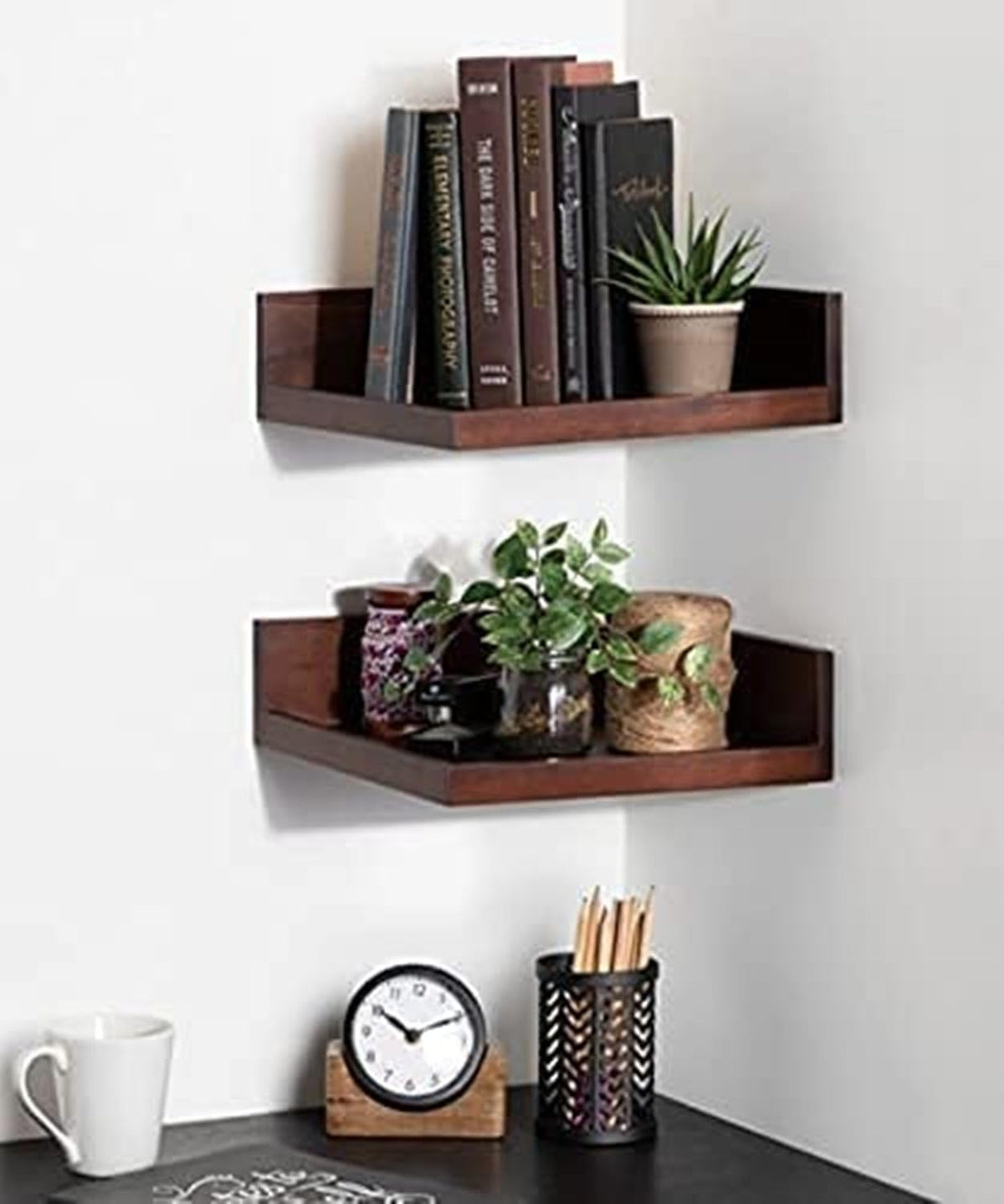 ONIJA Floating Corner Wooden Wall Shelf Set Two Different Different Color Shelf | for Bedroom | Living Room | Hall | Office | Ki