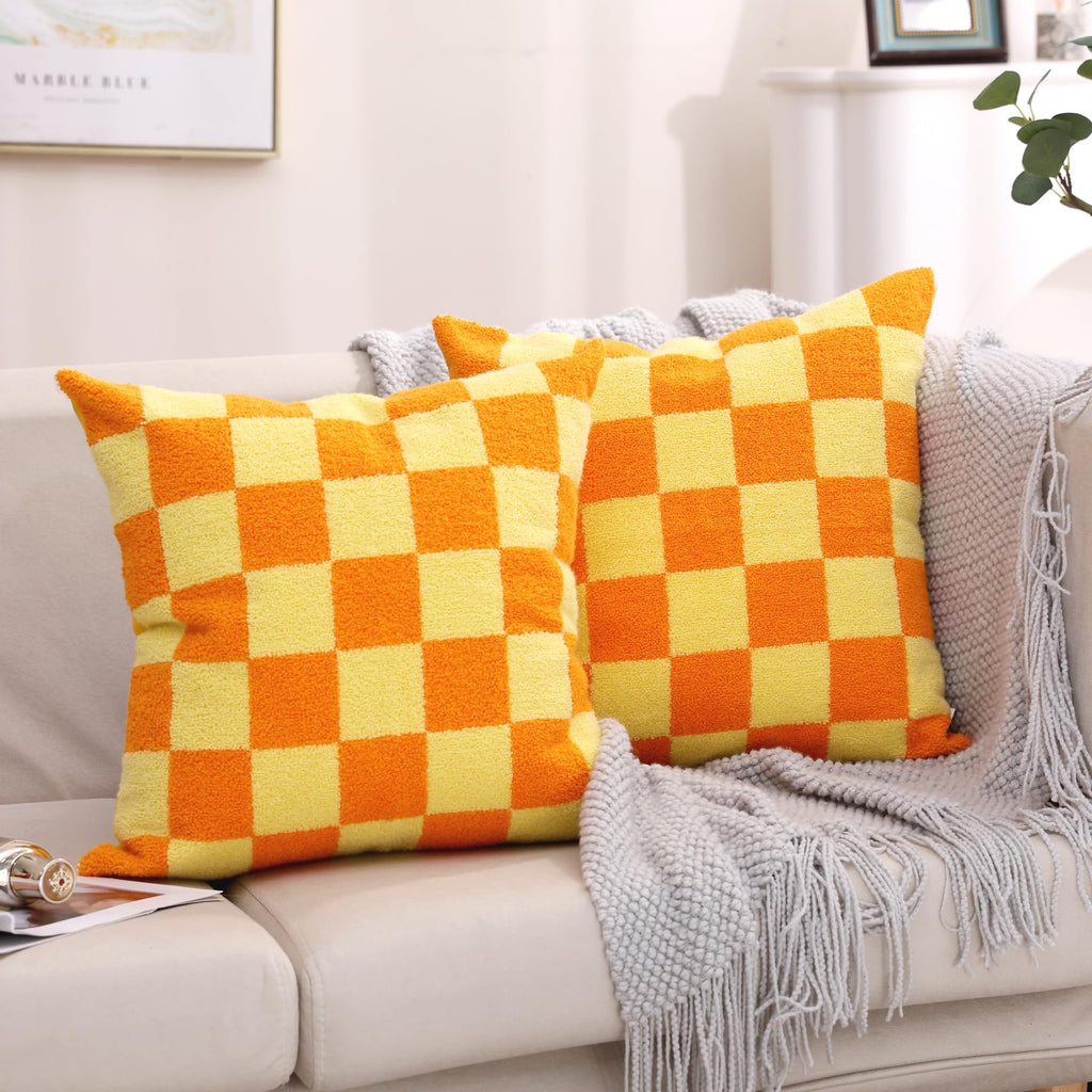 Alysheer Checkered Embroidered Decorative Throw Pillow Covers 18'X 18' Set Of 2, Farmhouse Boho Orange Yellow Plaid Tufted Pat