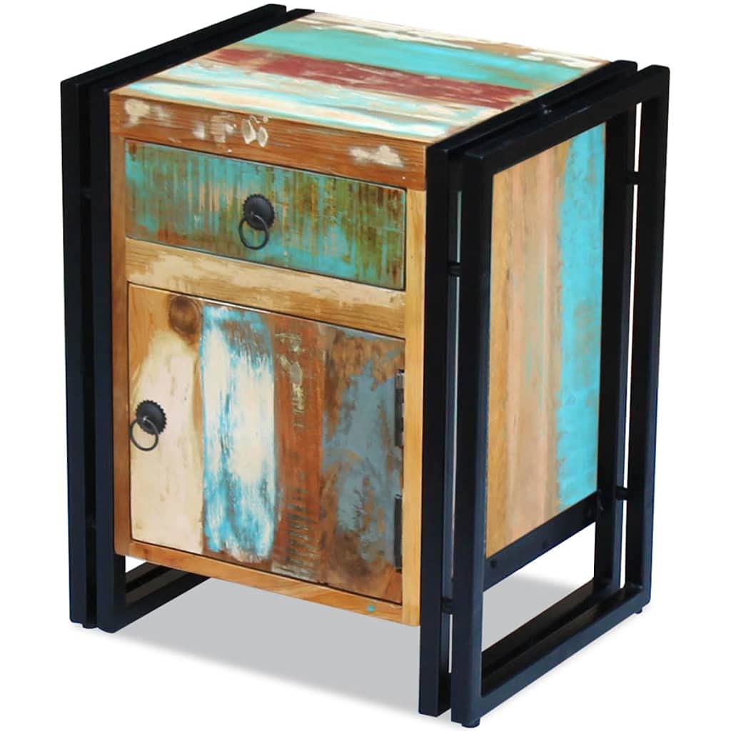 Vidaxl Bedside Cabinet Solid Reclaimed Wood With Steel Frame  Vintage Style Nightstand With Drawer And Compartment  Handmade S