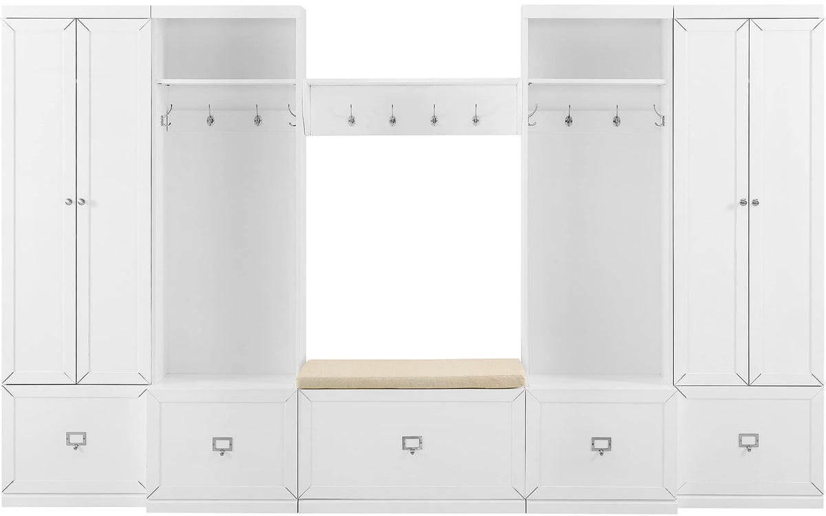 Crosley Furniture Harper 6-Piece Hall Tree, Storage Cabinet, Shoe Rack Bench, And Wall Shelf Set With Hooks, White