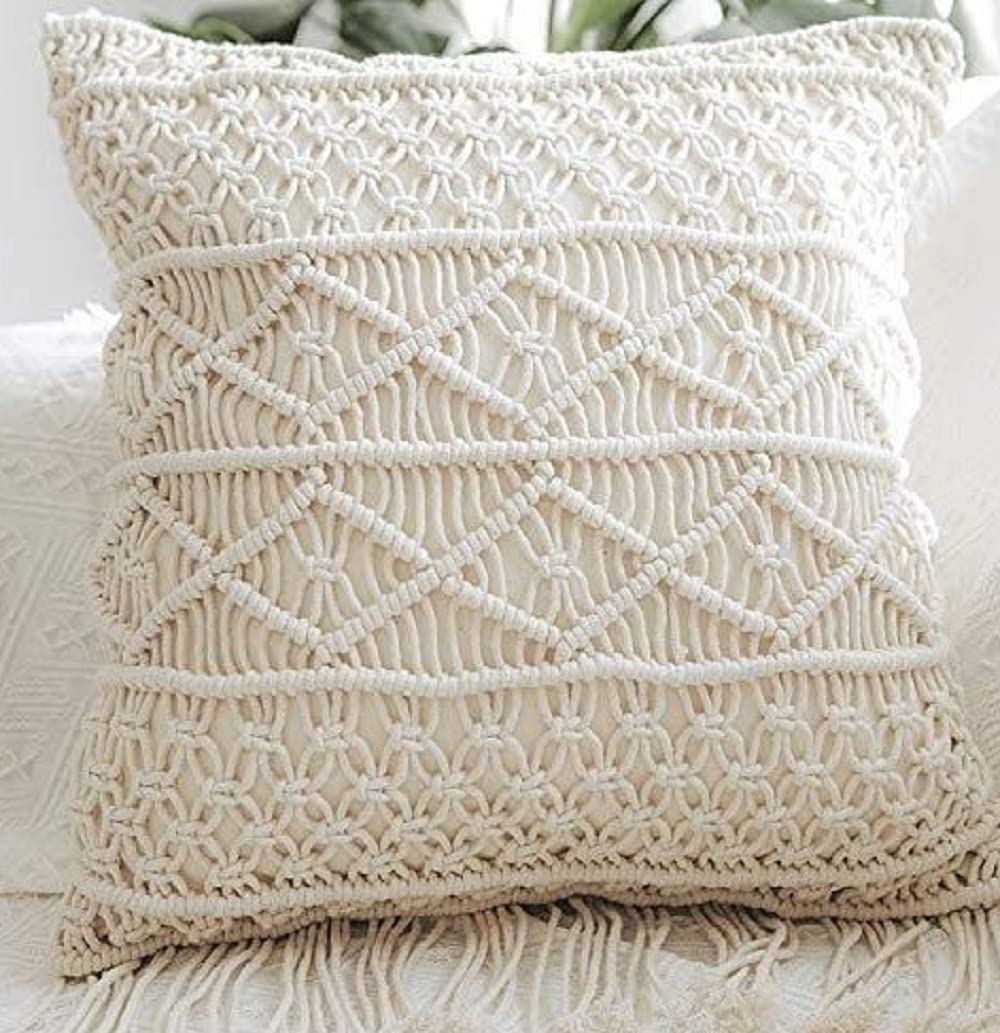 Cushion Cover Cotton Macrame 16 Inch HandWoven For Living Room, Sofa, Inner Lining, Thread (Square, OffWhite, Pack Of 1)