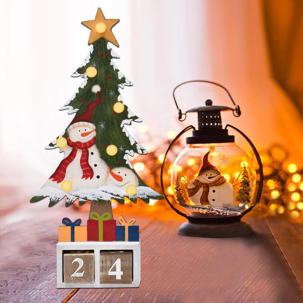 Christmas Tree Advent Countdown Calendar, Led Lighted Wooden Tabletop Christmas Countdown Calendar With Number Blocks (Red Hat S