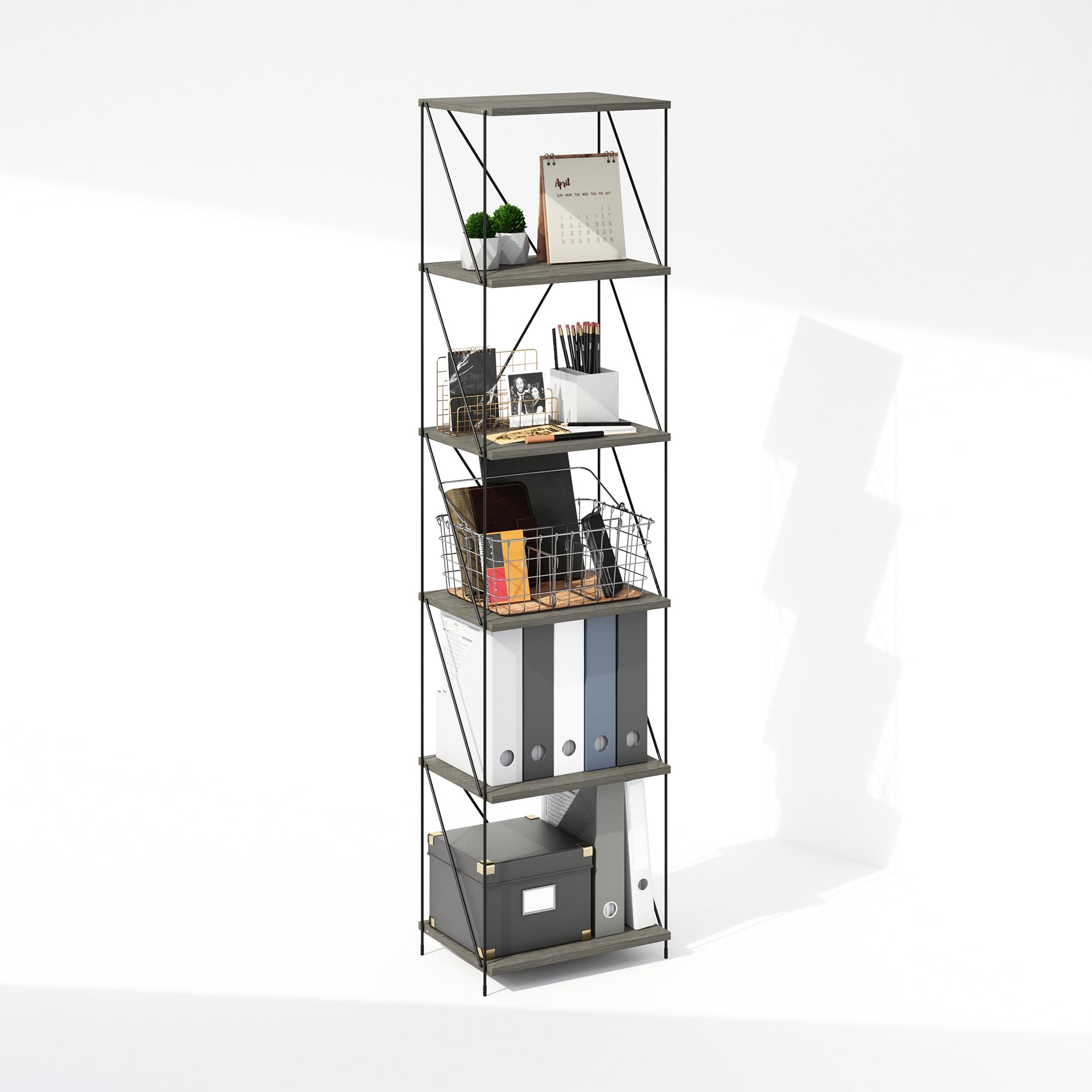 Furinno Wire 6-Tier Industrial Style Metal Frame Bookcase, Display Shelf, 16 Wide, Finn Oak