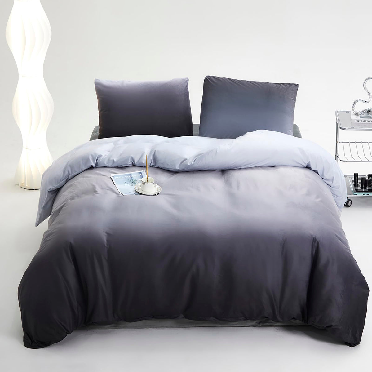 Luxlovery Velvet Comforter King Grey Gradient Fluffy Plush Flannel Bedding Set Full Men Boys Grey White Sherpa Micromink Ink Win