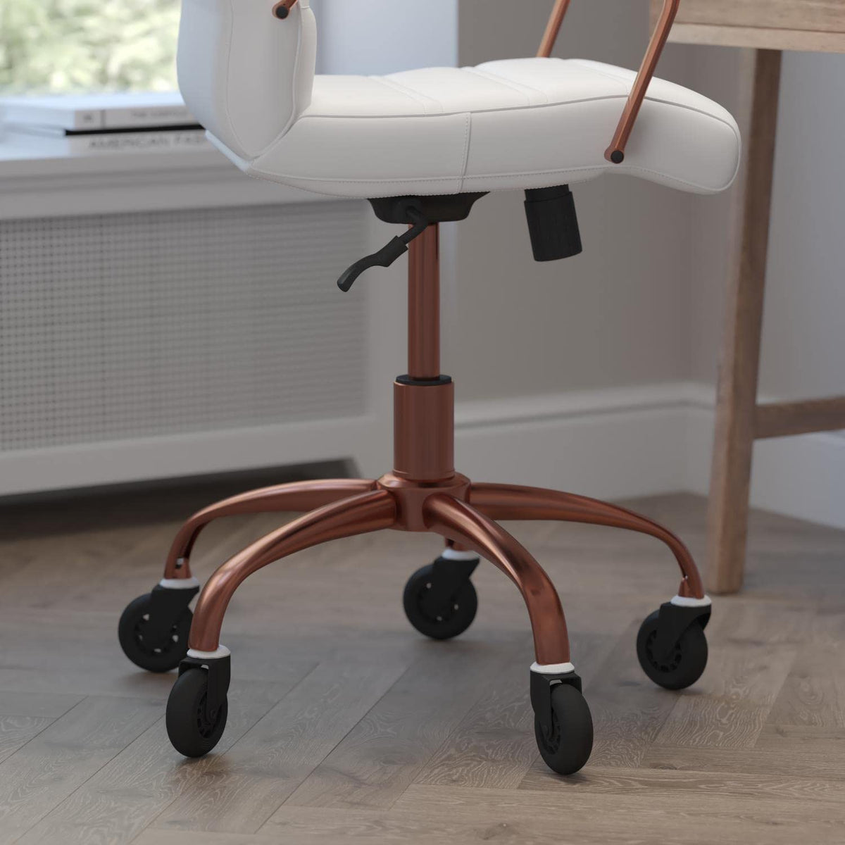 Flash Furniture Camilia Mid-Back Executive Swivel Office Chair With Rose Gold Frame, Arms, And Transparent Roller Wheels, 24&Quot;, White Leathersoft