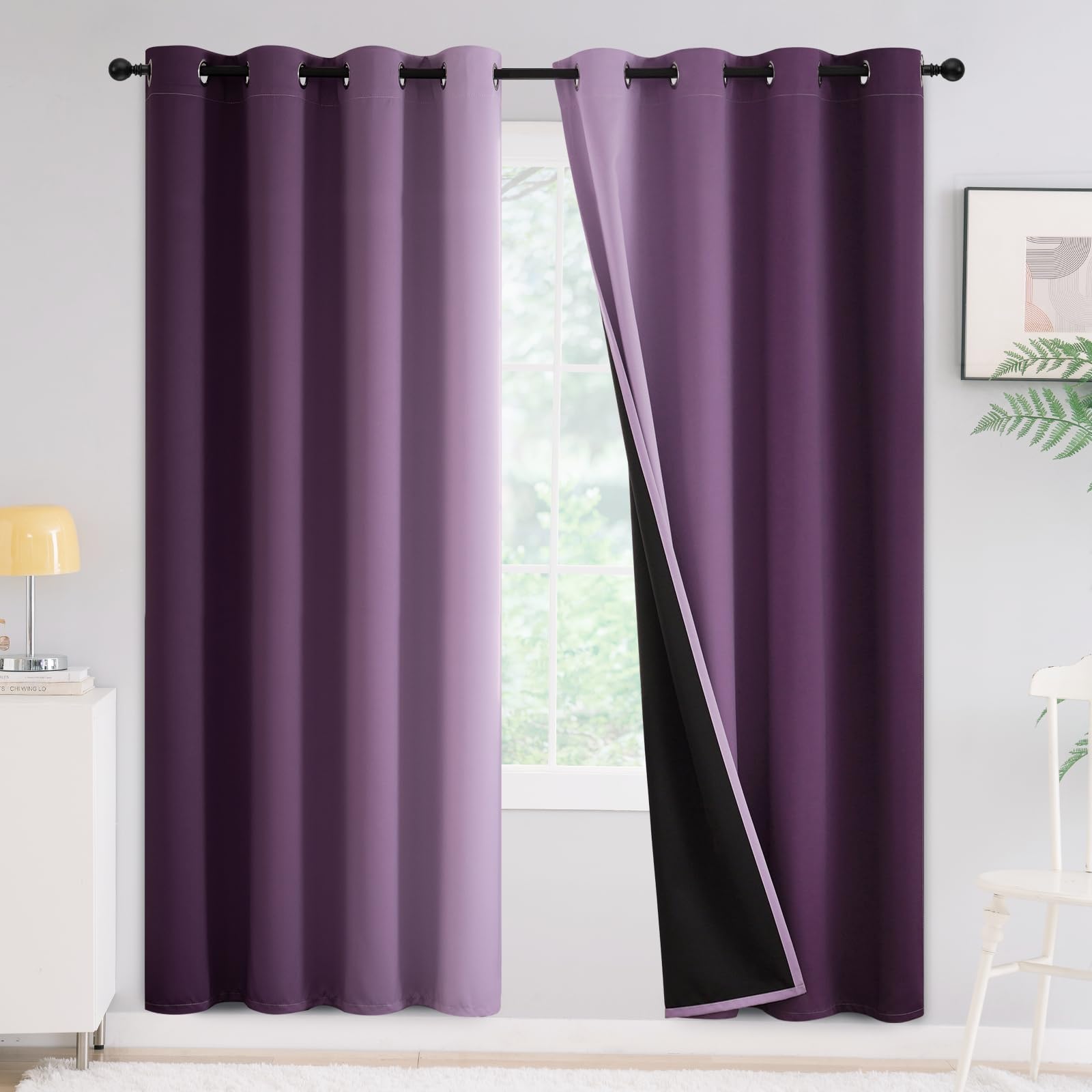 Yakamok Purple 100% Blackout Curtains For Bedroom,Ombre Room Darkening Curtains For Living Room Grommet Window Curtains 72 Inche