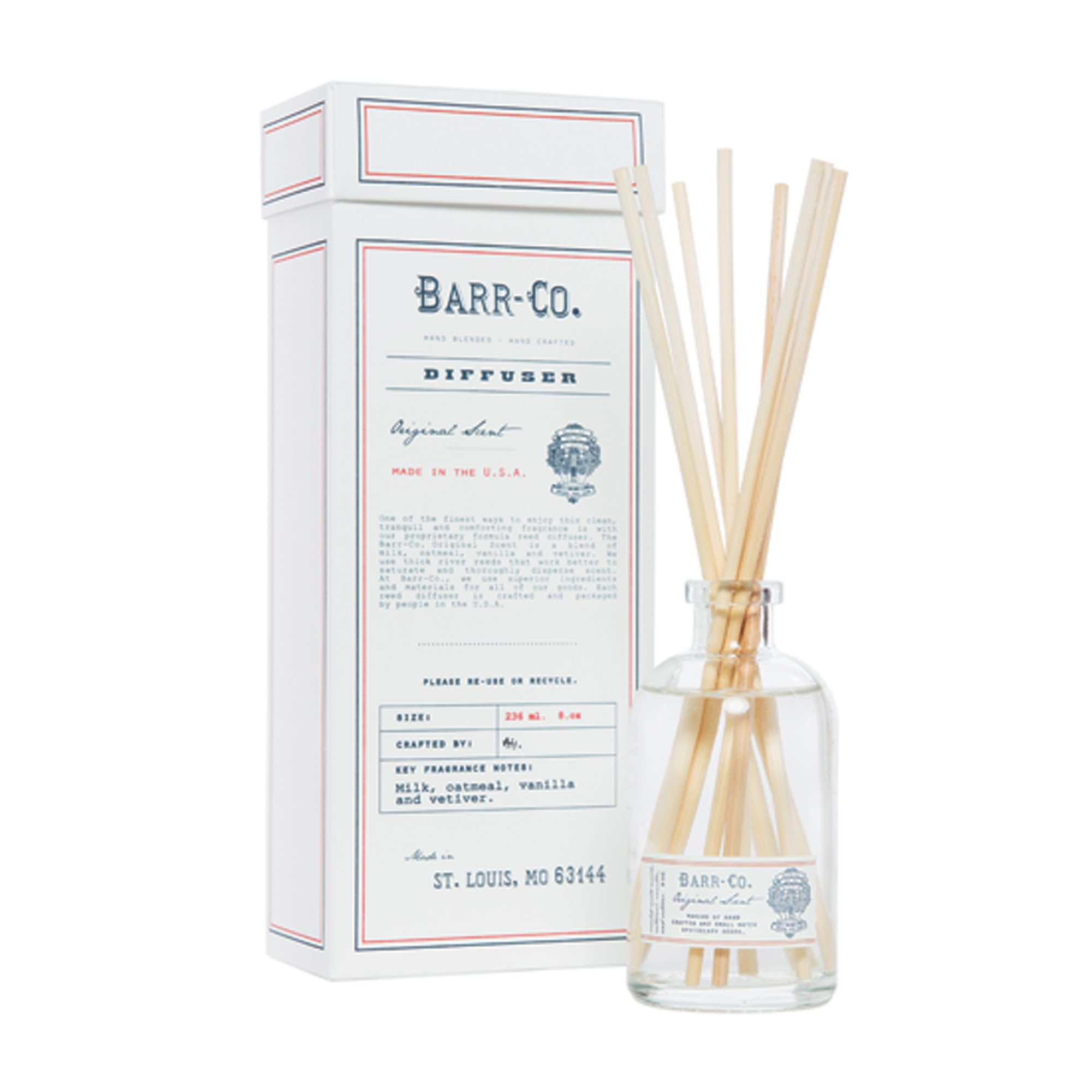 Barr-Co. Original Scent Reed Diffuser Kit, Tranquil Milky Scent with Oat, Vanilla & Vetiver, Reed Diffuser for Home, Long Lastin
